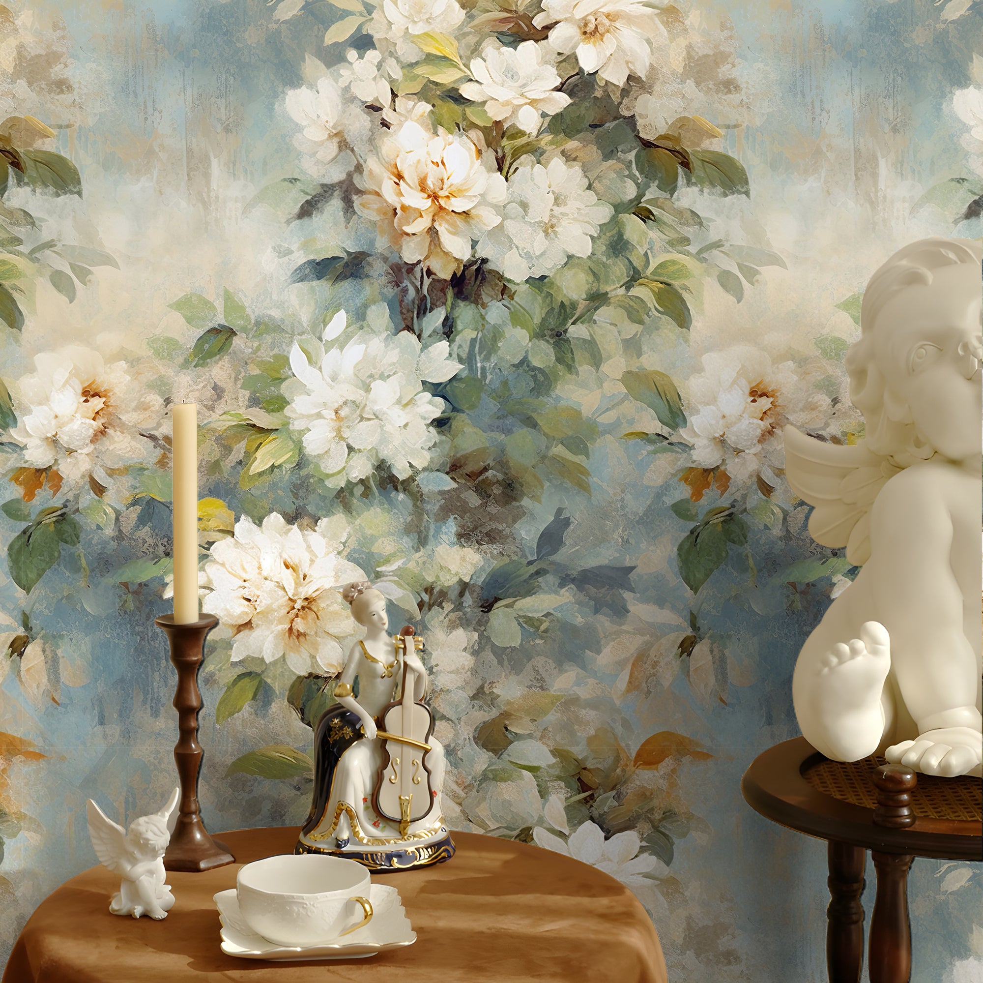 HaokHome Peel and Stick Wallpaper Rustic Vintage White Peony Oil Painting Wall Mural Removable Self Adhesive Soft Cottage Floral Wallpaper
