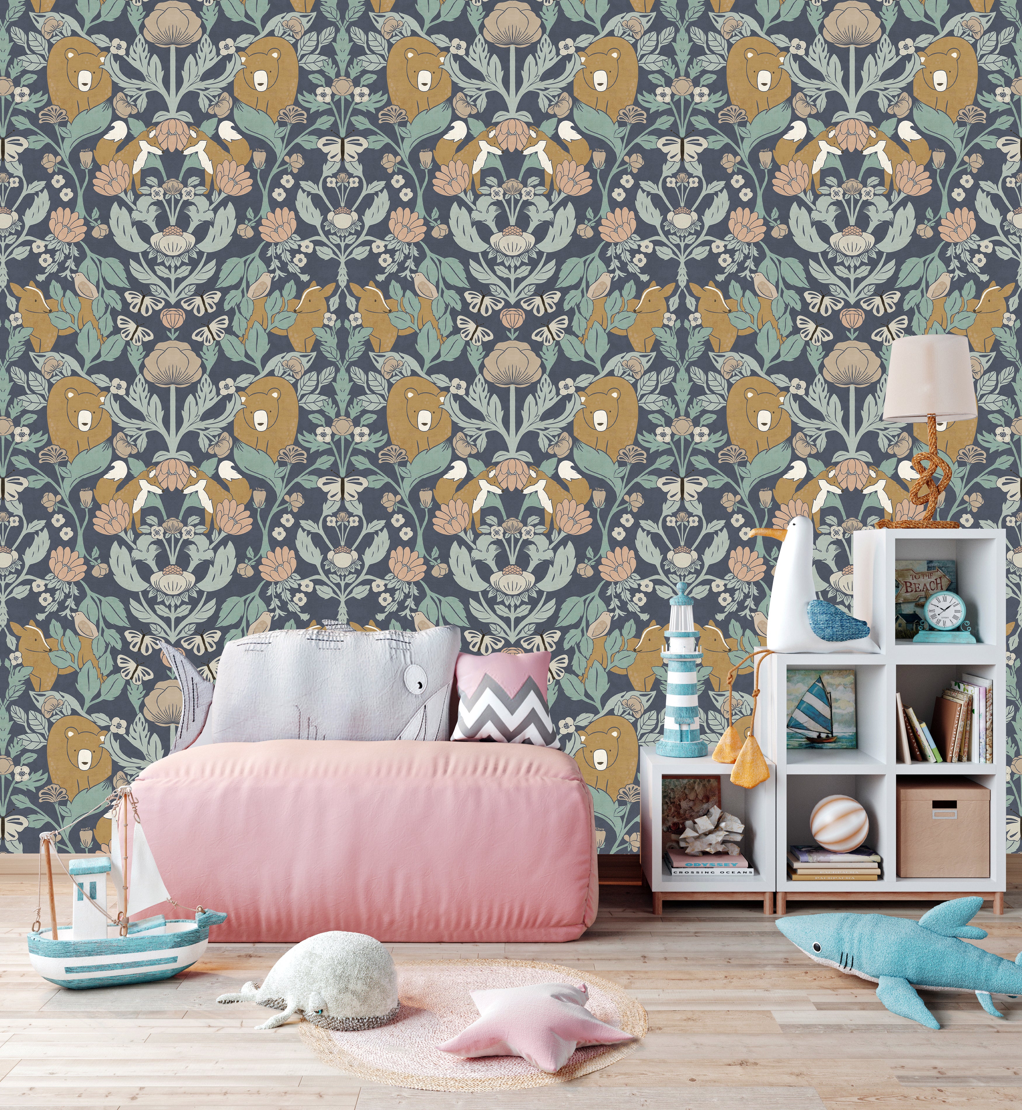 HaokHome Whimsical Woodland Wallpaper – Bears, Foxes & Butterflies in Soft Pastel Floral Design for Nursery & Living Rooms