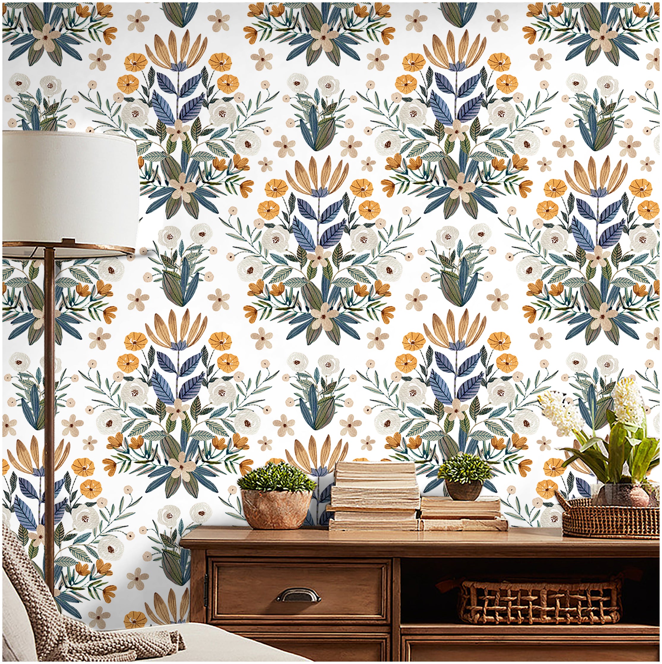 HaokHome Wallpaper Peel and Stick Floral Botanical Beige/Blue/Yellow Watercolor Wall Decor Removable Mural for Bedroom & Living Room
