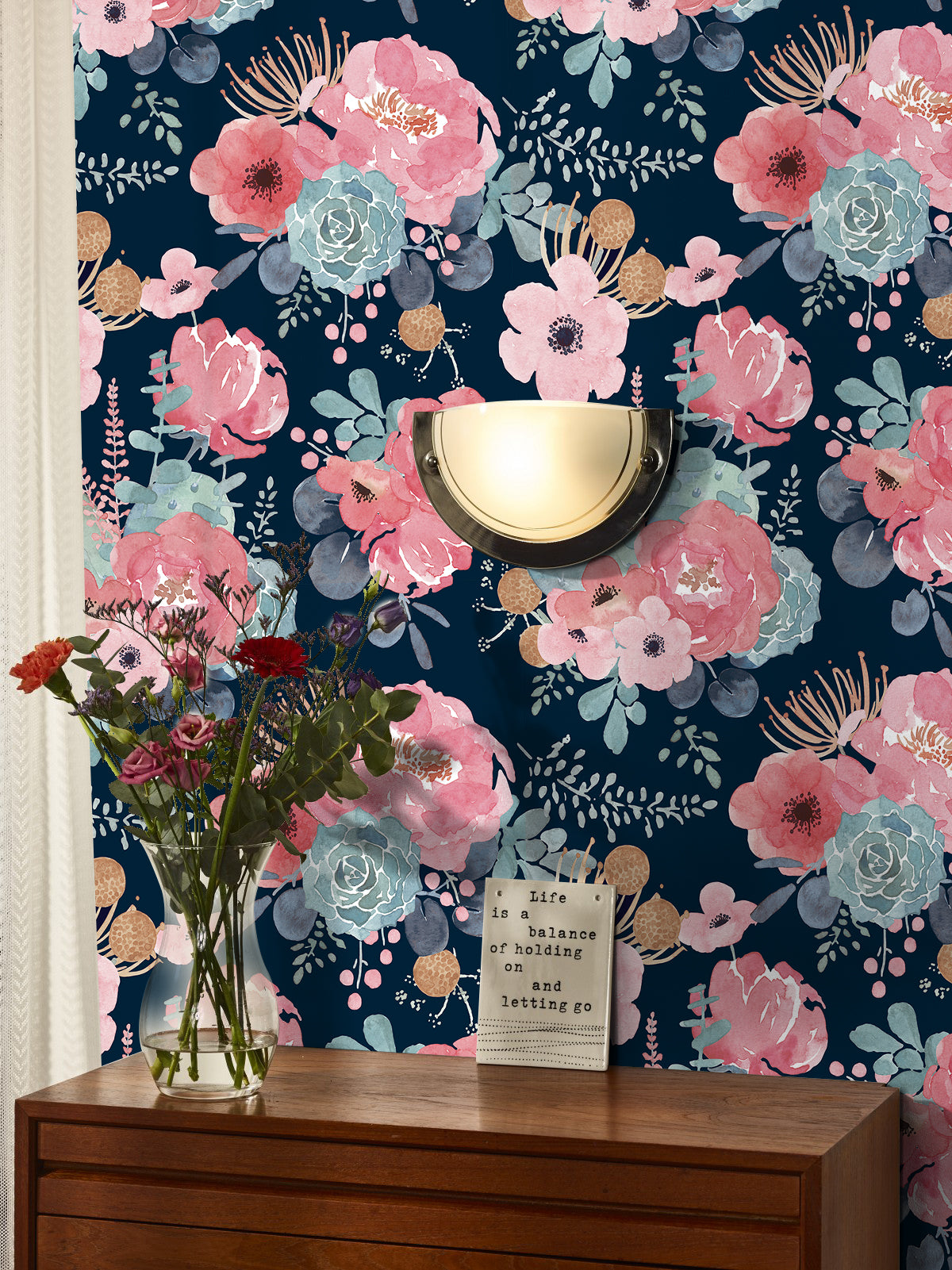 HaokHome Peel and Stick Wallpaper Navy Blue Watercolor Peony Floral Wall Mural Removable Self Adhesive Moody Botanical Wallpaper