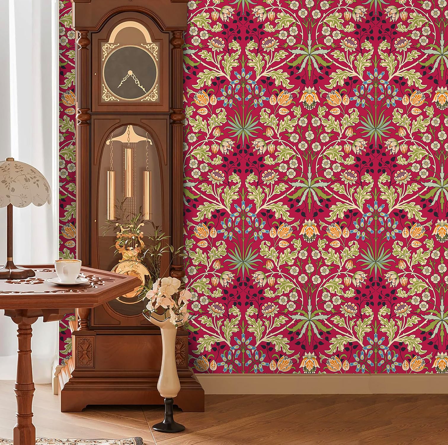 HaokHome Peel and Stick Wallpaper Vintage Red Floral Botanical William Morris Style Wallpaper