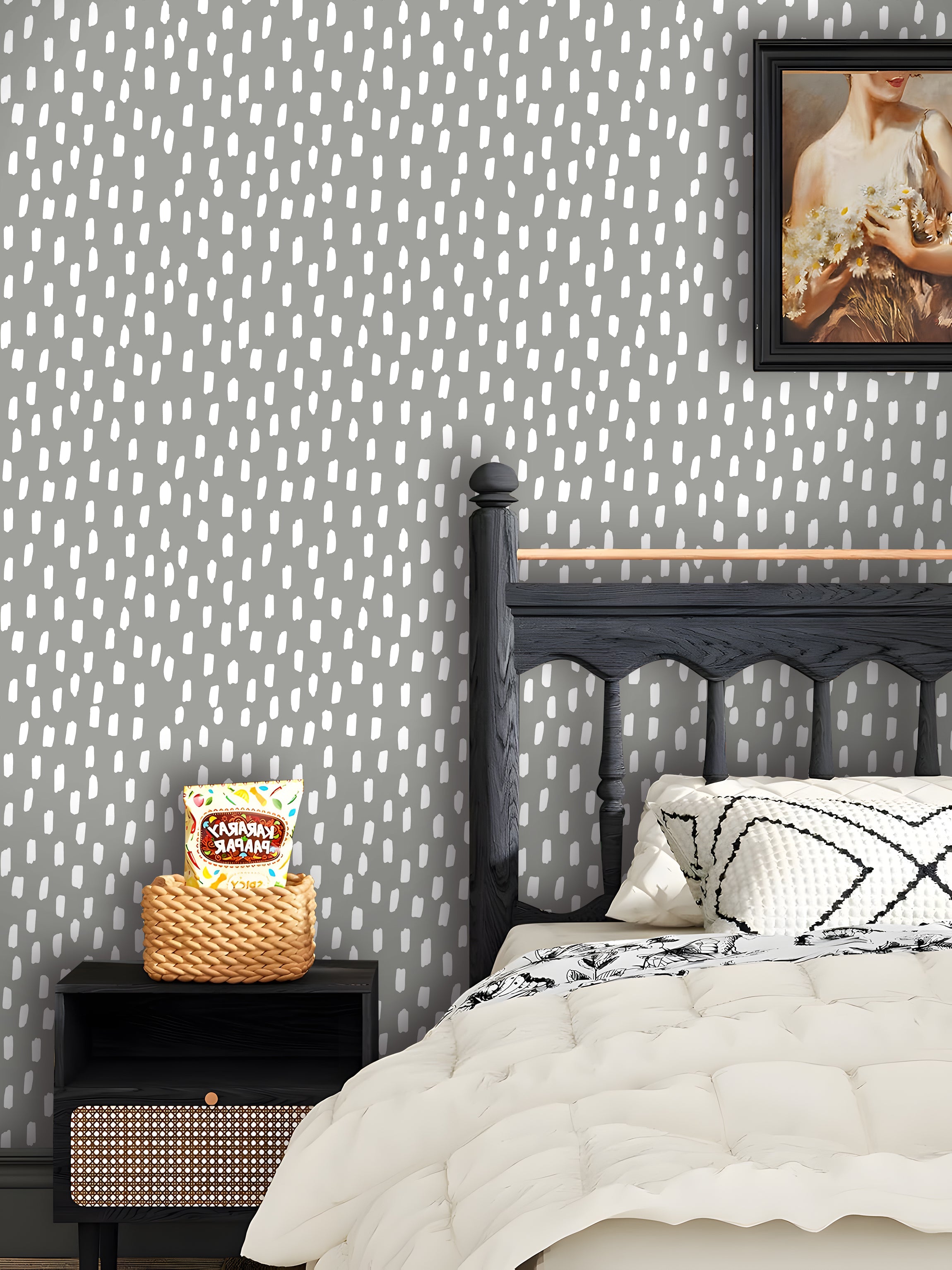 Grey White Brush Dot Wallpaper – Neutral Scandinavian Minimalist Print