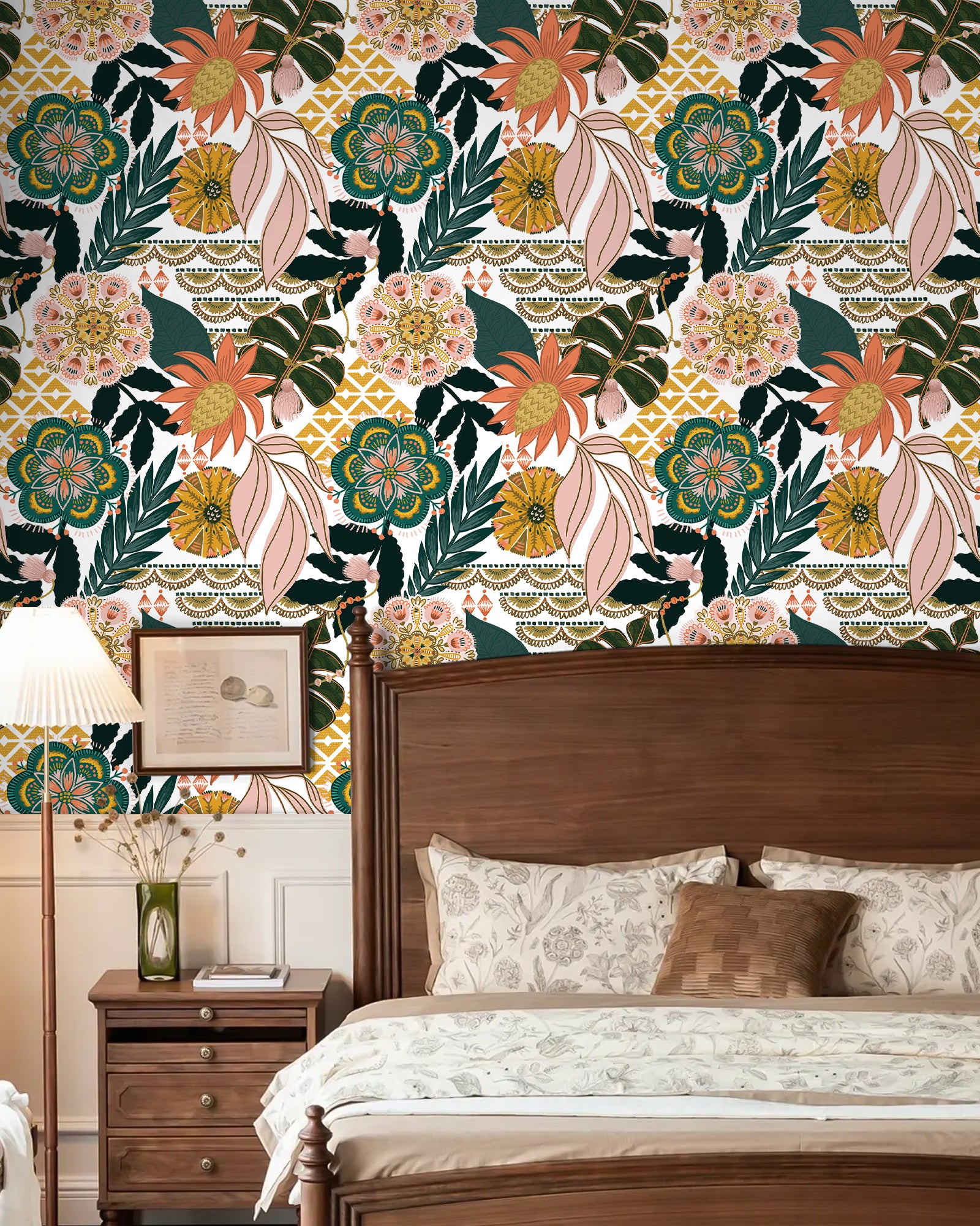 HaokHome Geometric Floral Wallpaper – Bold Tropical Flowers with Geometric Patterns in Warm Tones