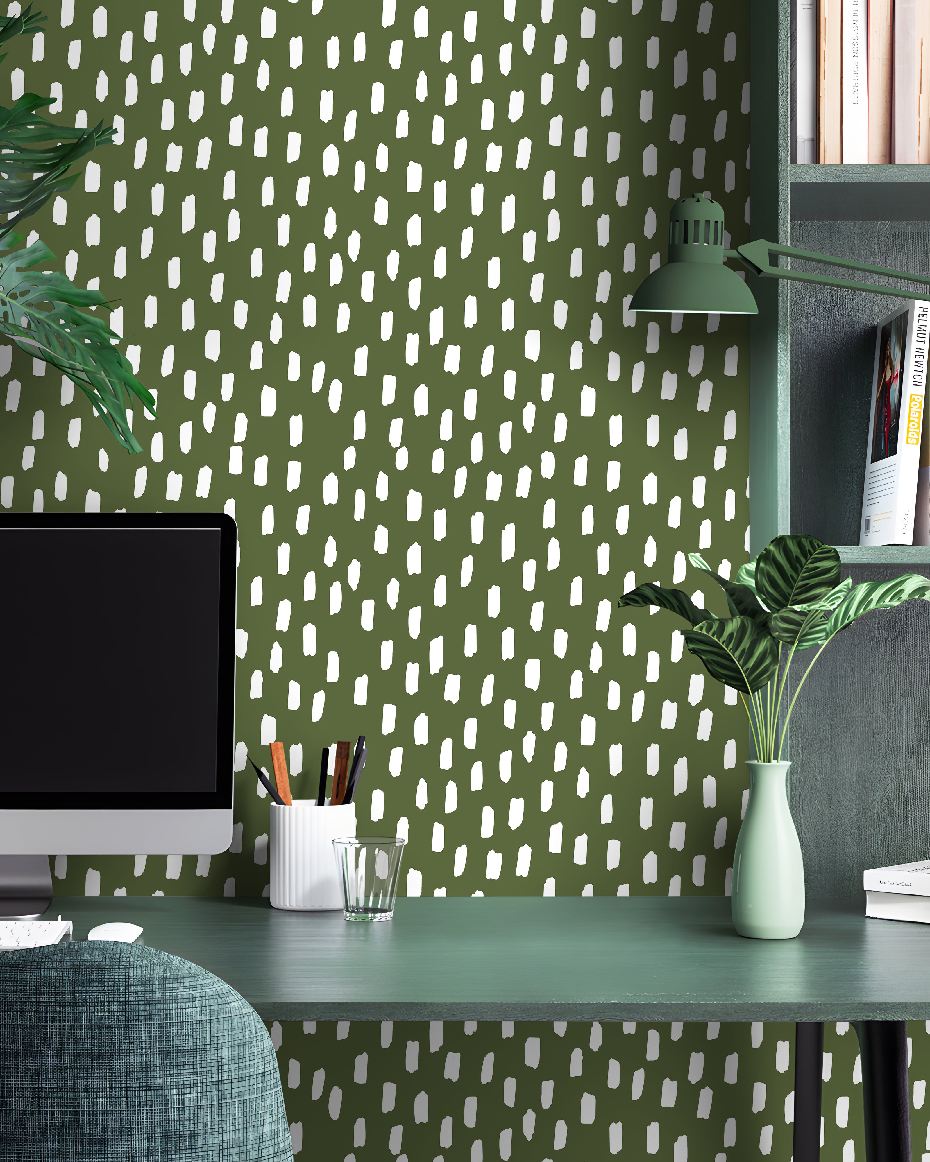 HaokHome Peel and Stick Wallpaper Olive Green Hand Drawn White Dash Dot Wall Mural Removable Self Adhesive Minimalist Neutral Wallpaper