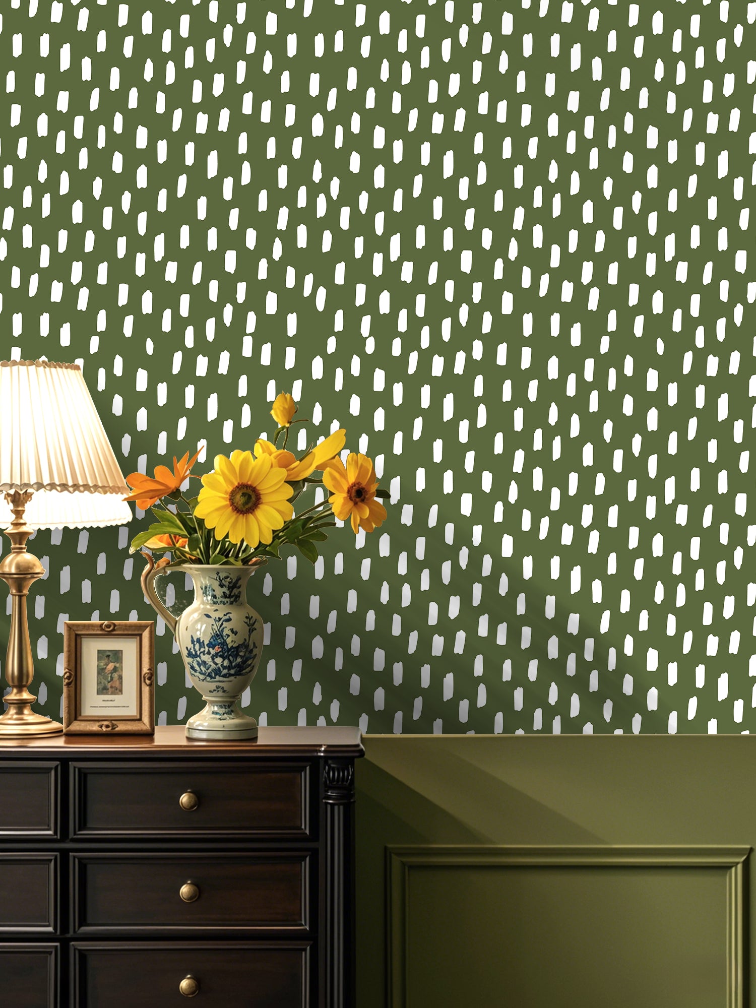 HaokHome Peel and Stick Wallpaper Olive Green Hand Drawn White Dash Dot Wall Mural Removable Self Adhesive Minimalist Neutral Wallpaper