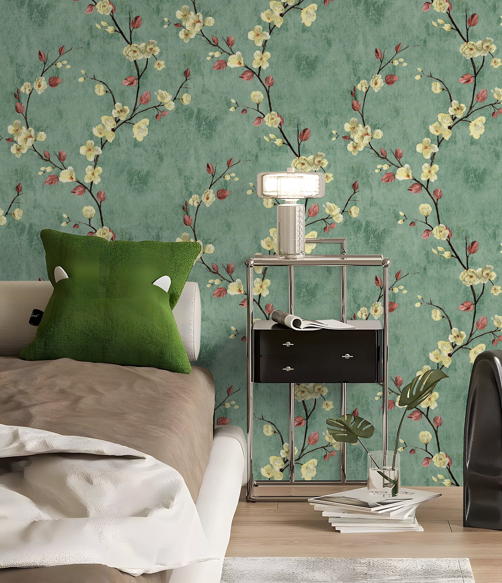 HaokHome Peel and Stick  Retro American Dark Green Floral Waterproof Wallpaper