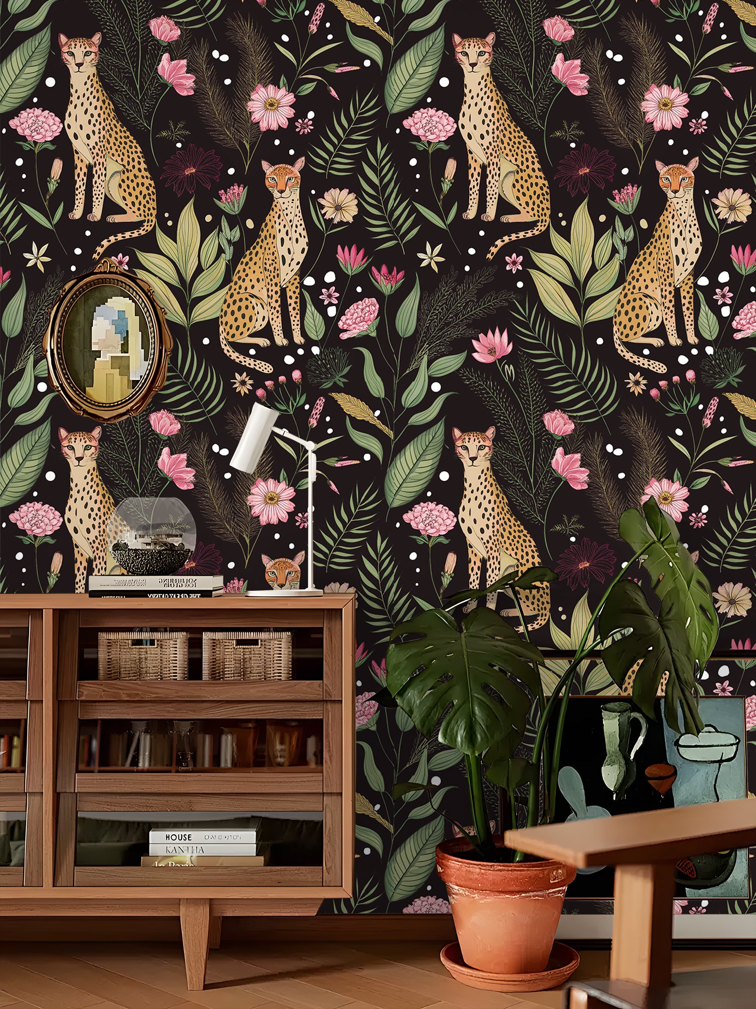 HaokHome Elegant Leopard and Floral Wallpaper Black Background with Vibrant Botanical Design