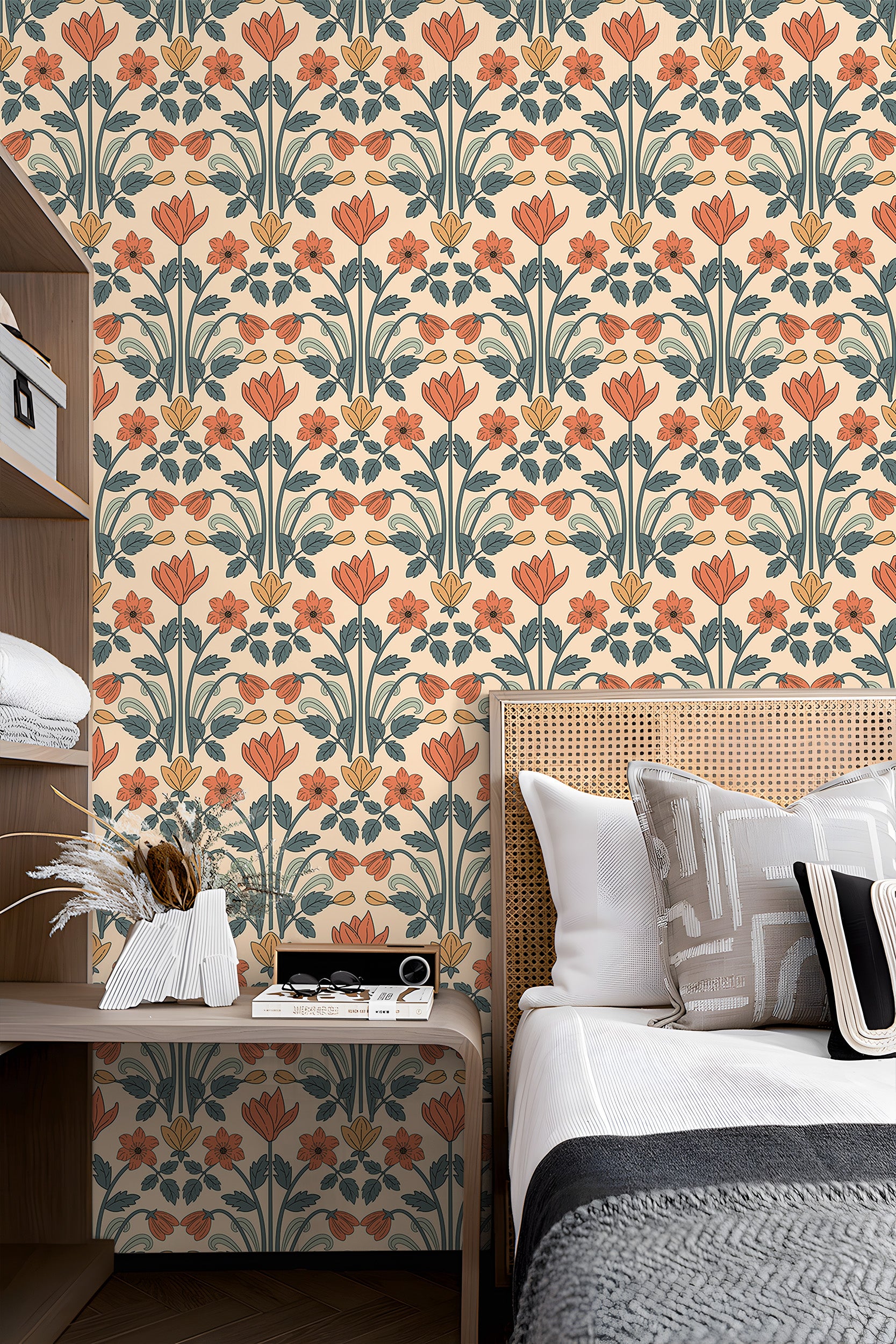 Warm Peach Art Nouveau Symmetric Tulip Peel and Stick Floral Wallpaper