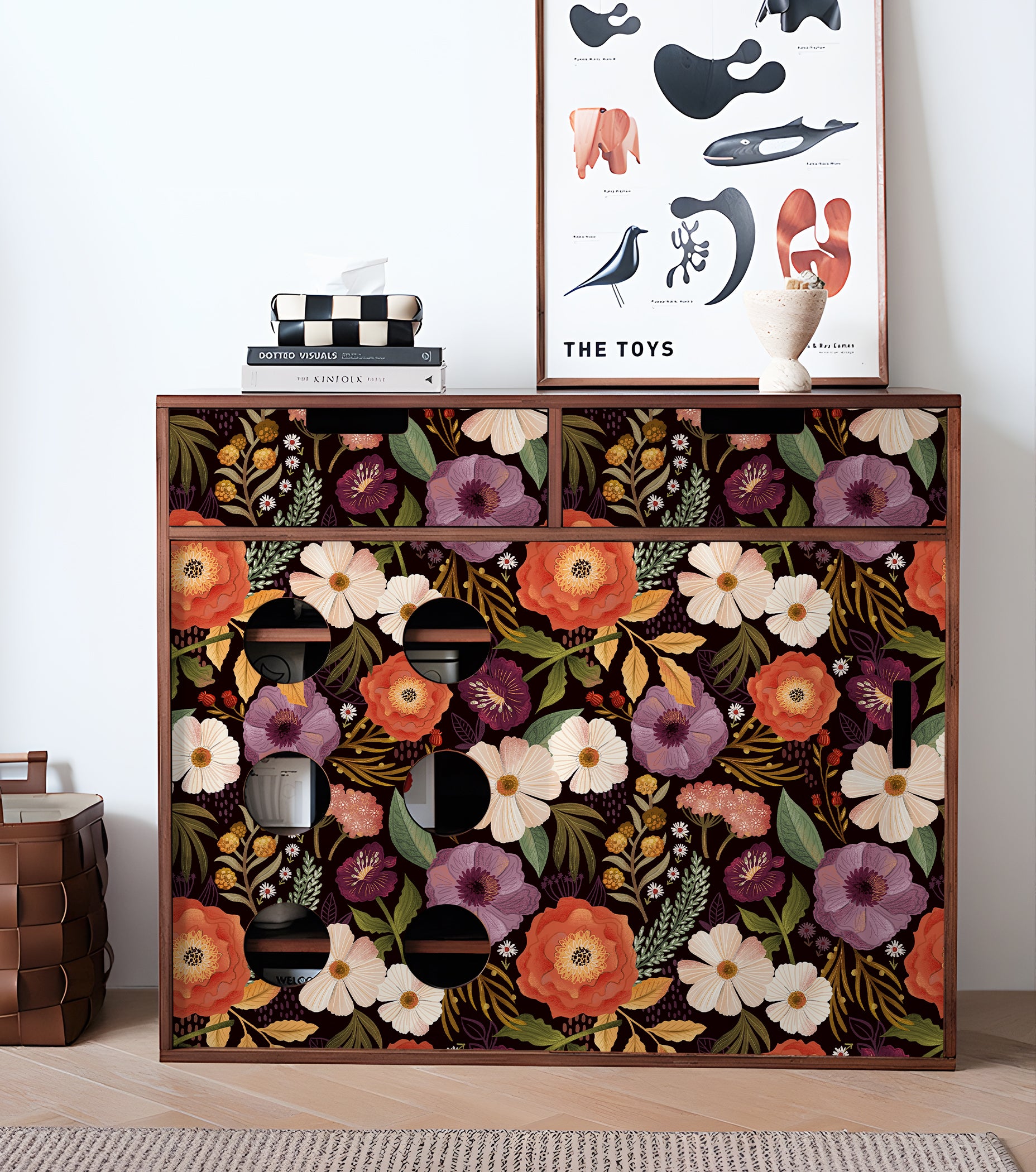HaokHome Floral Pattern Wallpaper – Elegant Poppies, Daisies, and Leaves on Deep Burgundy Background