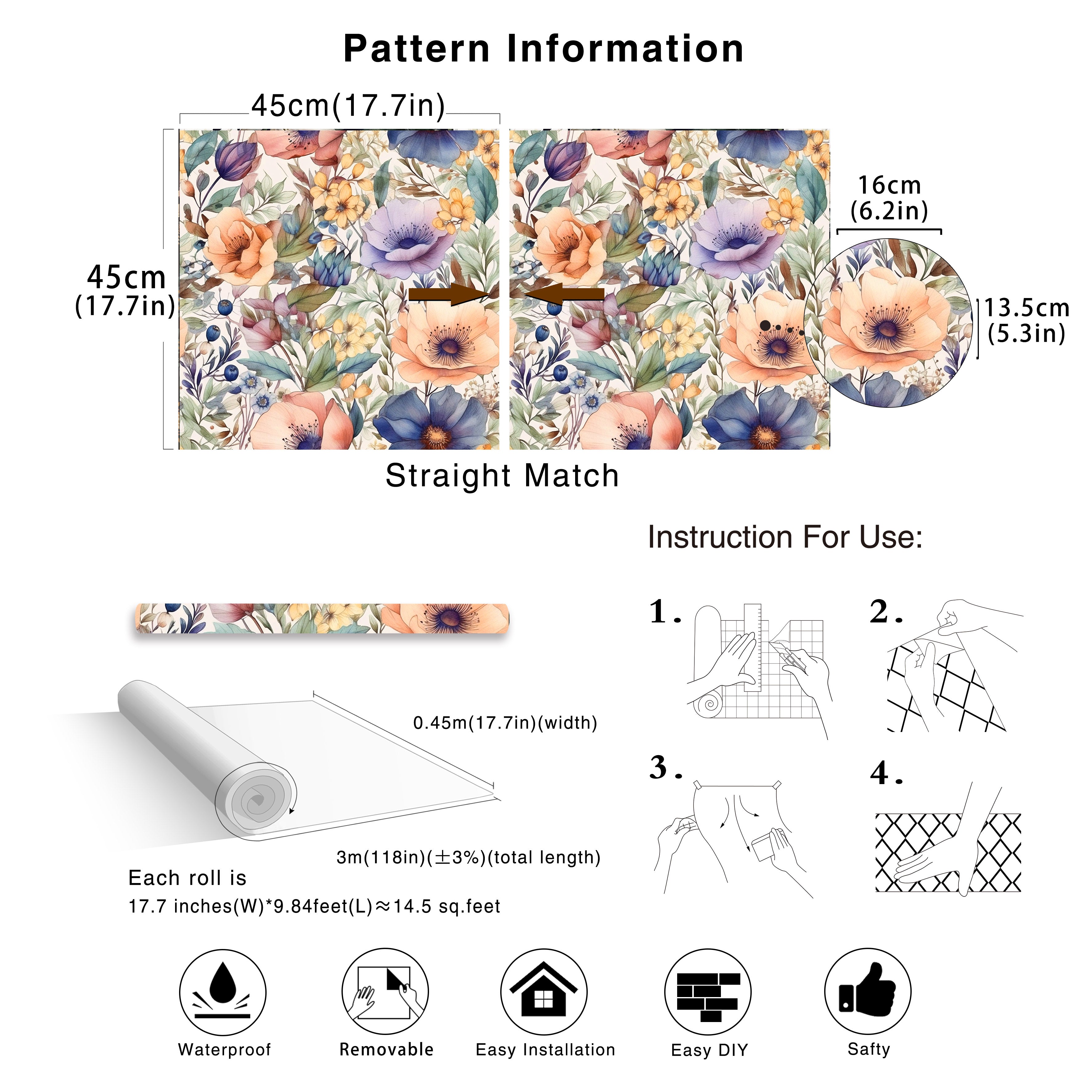 HaokHome Vintage Watercolor Mixed Large Floral Removable Wall Covering