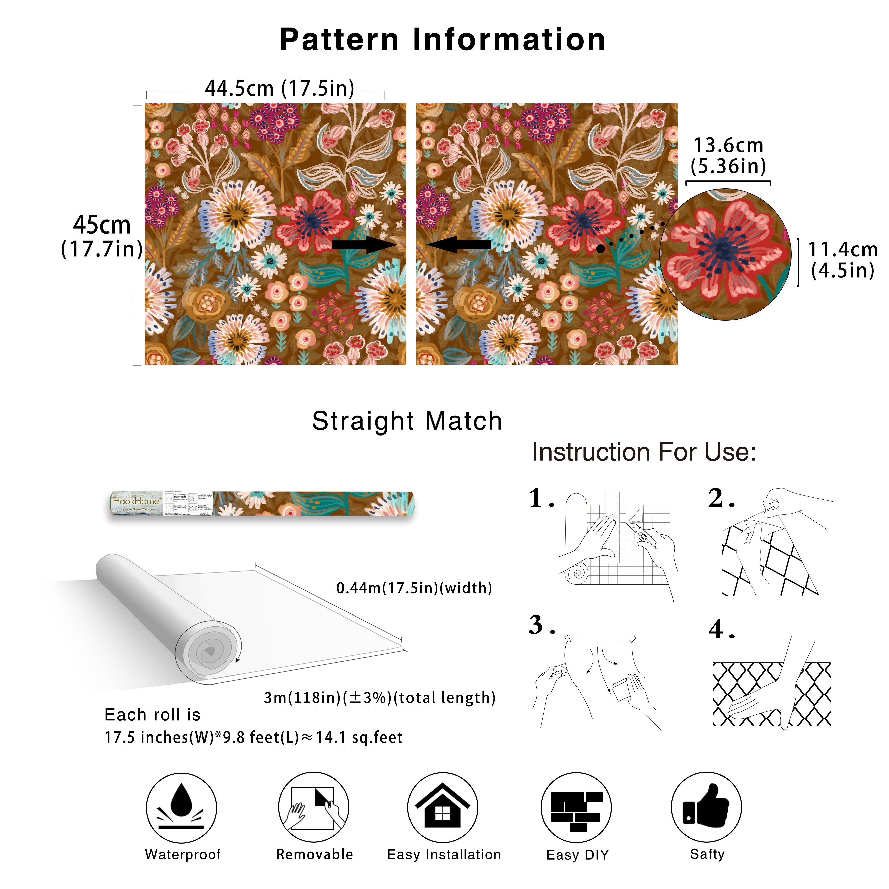 HaokHome Peel and Stick Wallpaper Warm Brown Folk Wildflower Hand‑Painted Botanical Removable Wallpaper for Accent Wall