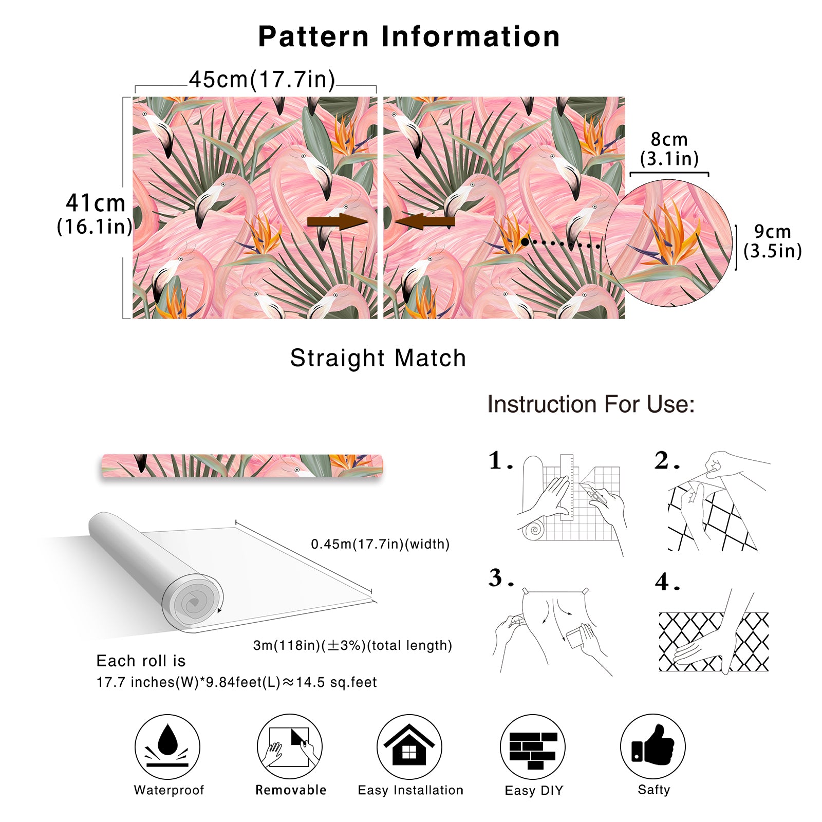 HaokHome Pink Wallpaper Peel and Stick Tropical Flamingos Removable Stick on Contact Paper for Nursery