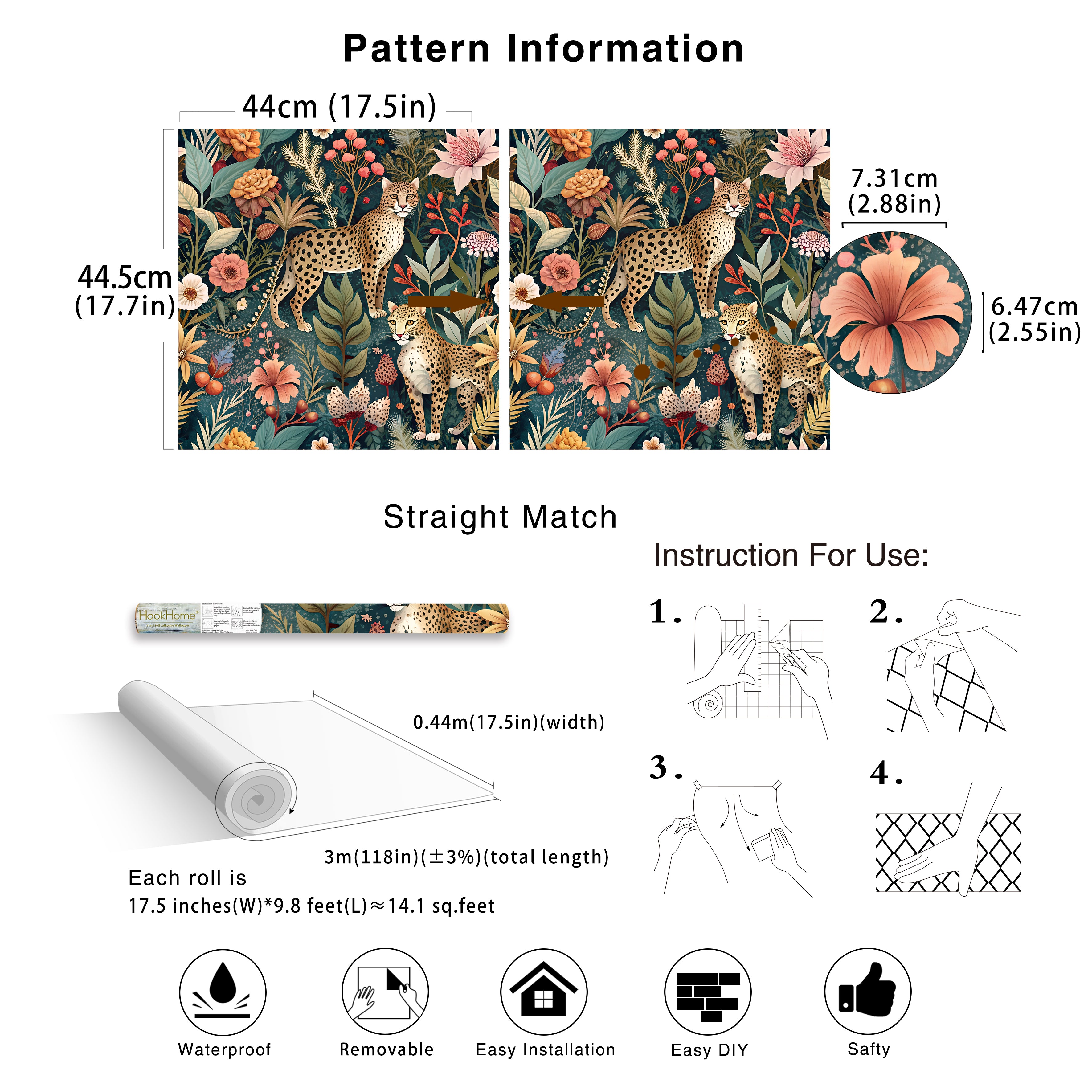 HaokHome Tropical Leopard Animal Forest Peel and Stick Wallpaper - Removable Vinyl DIY Decor