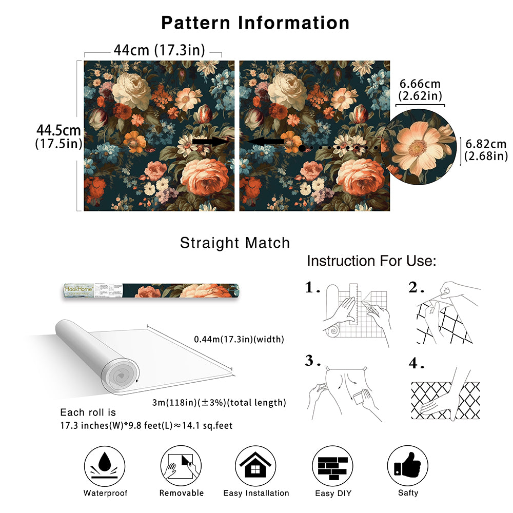 HaokHome Dark Botanical Vintage Floral Wallpaper - Orange Roses, Blue Daisies & White Peonies on Deep Teal Background