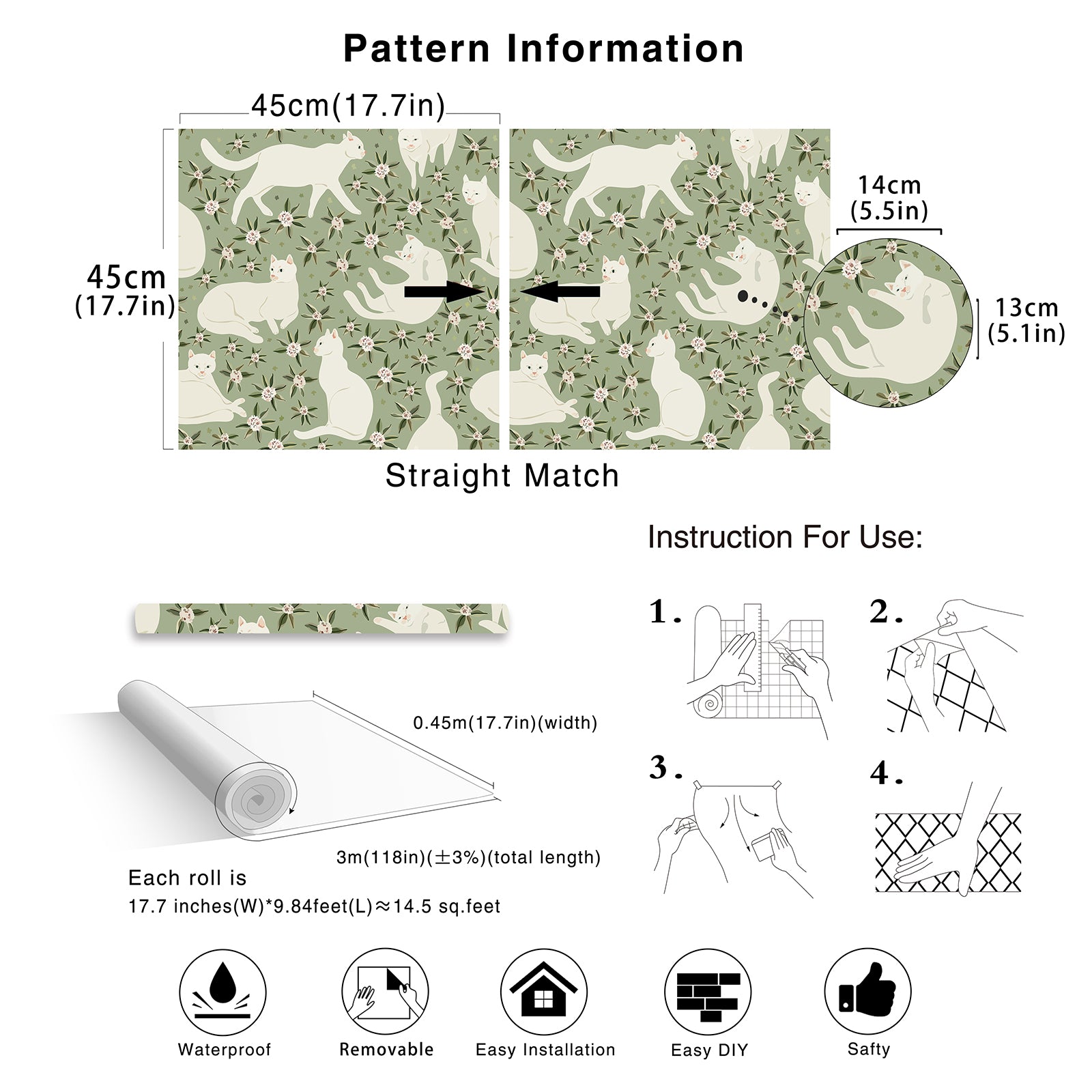 HaokHome Gentle White Cat Floral Removable Self‑Adhesive Wall Covering, Soft Sage Green Botanical Peel and Stick Wallpaper