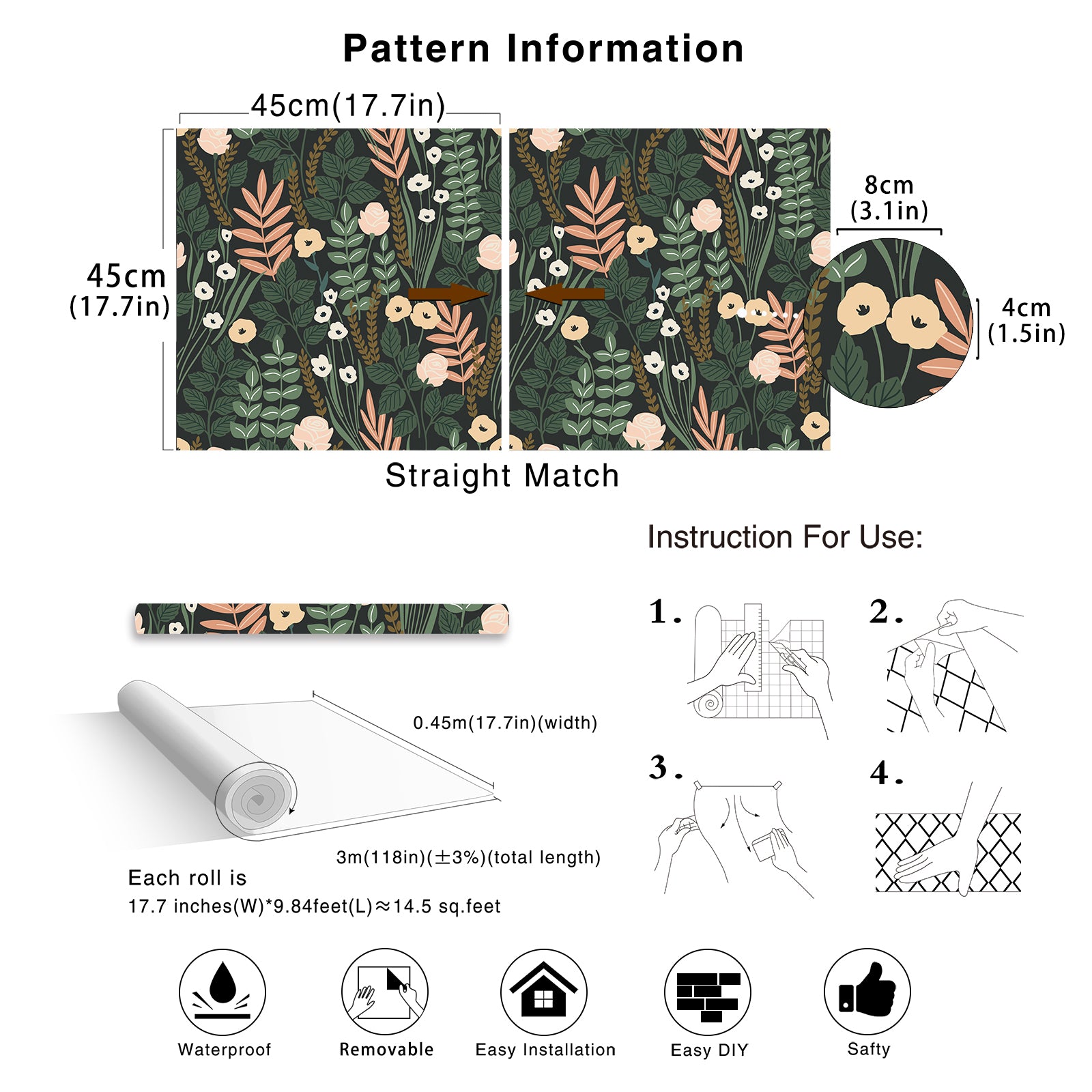 HaokHome Peel and Stick Wallpaper Floral Removable Stick on Contact Paper for Bathroom Decor Green/Beige/Black