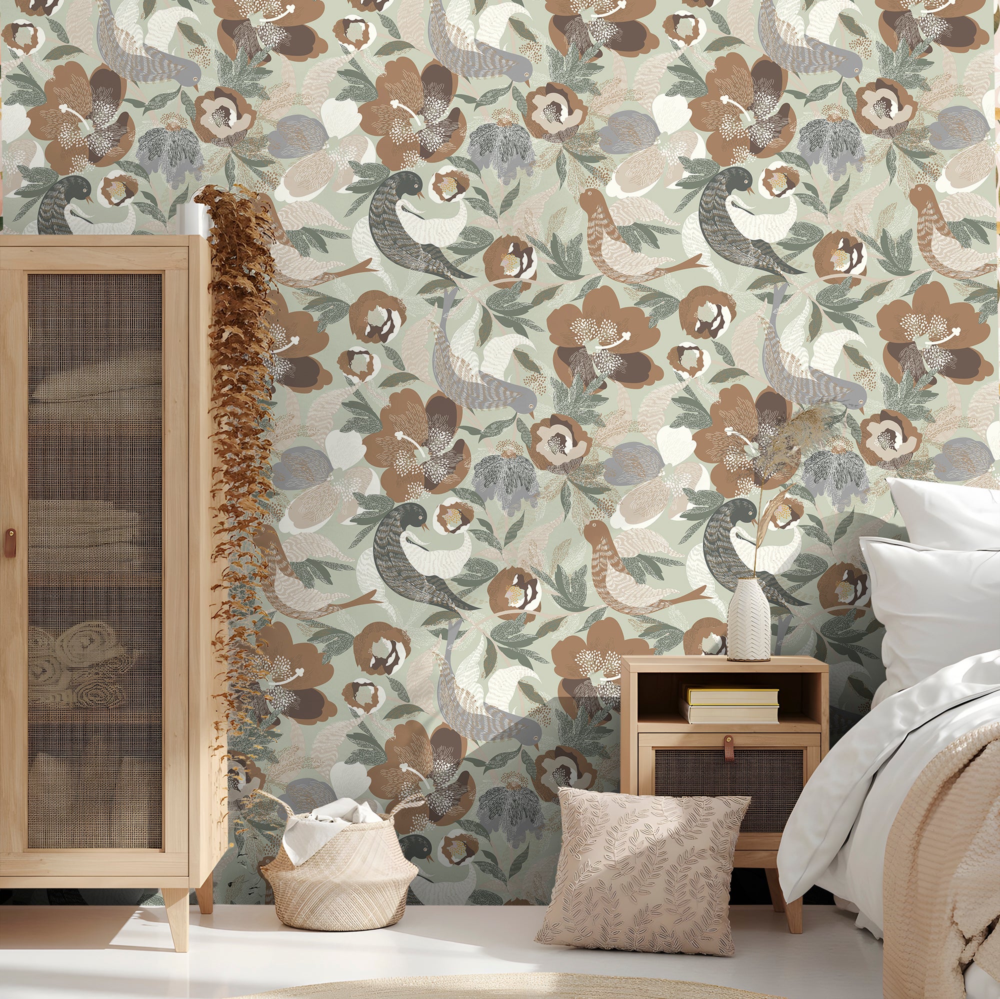 HaokHome Neutral Folk Bird floral Peel and Stick Wallpaper, Vintage Bird & Flower Removable Wallpaper