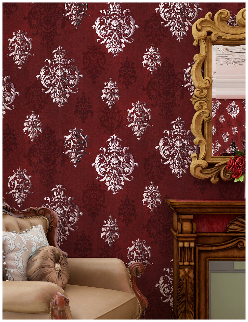 HaokHome Vintage Damask Wallpaper Peel and Stick Red Vinyl Wallpaper