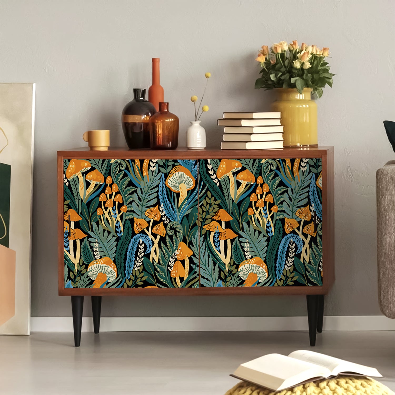 HaokHome Hand-Drawn Mushroom and Foliage Wallpaper – Black Background Nature Mural for Accent Walls & Modern Interiors