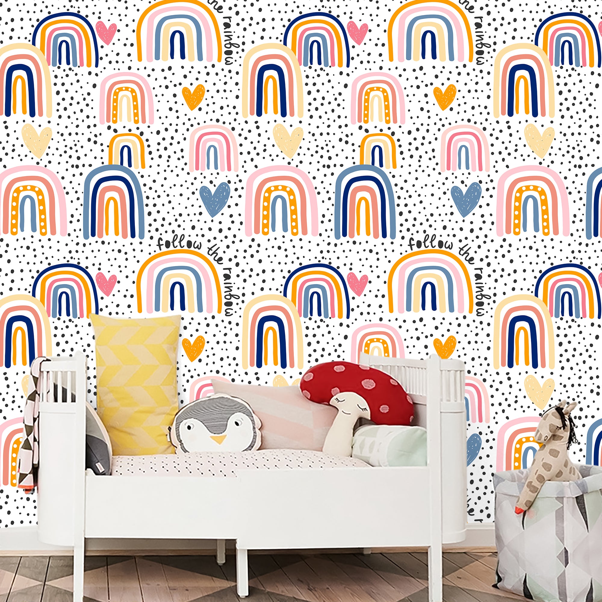 HaokHome Peel and Stick Wallpaper Boho Whimsical Rainbow & Hand-Drawn Hearts on Polka Dot Background Removable Wall Mural for Nursery & Kids Bedroom