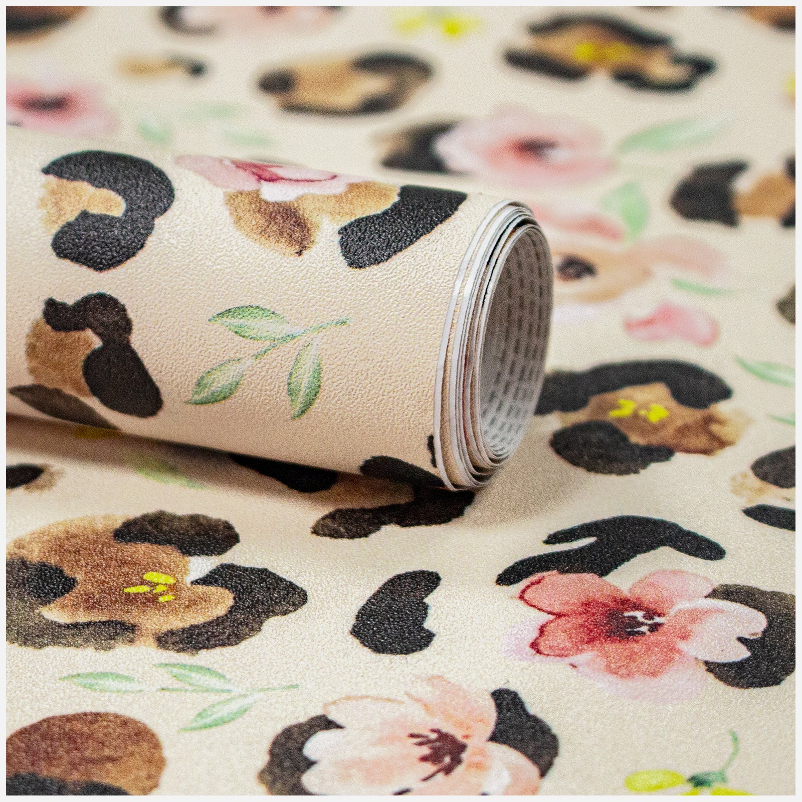 HaokHome Watercolor Leopard Floral Peel and Stick Wallpaper – Pink Flowers on Blush Beige Background