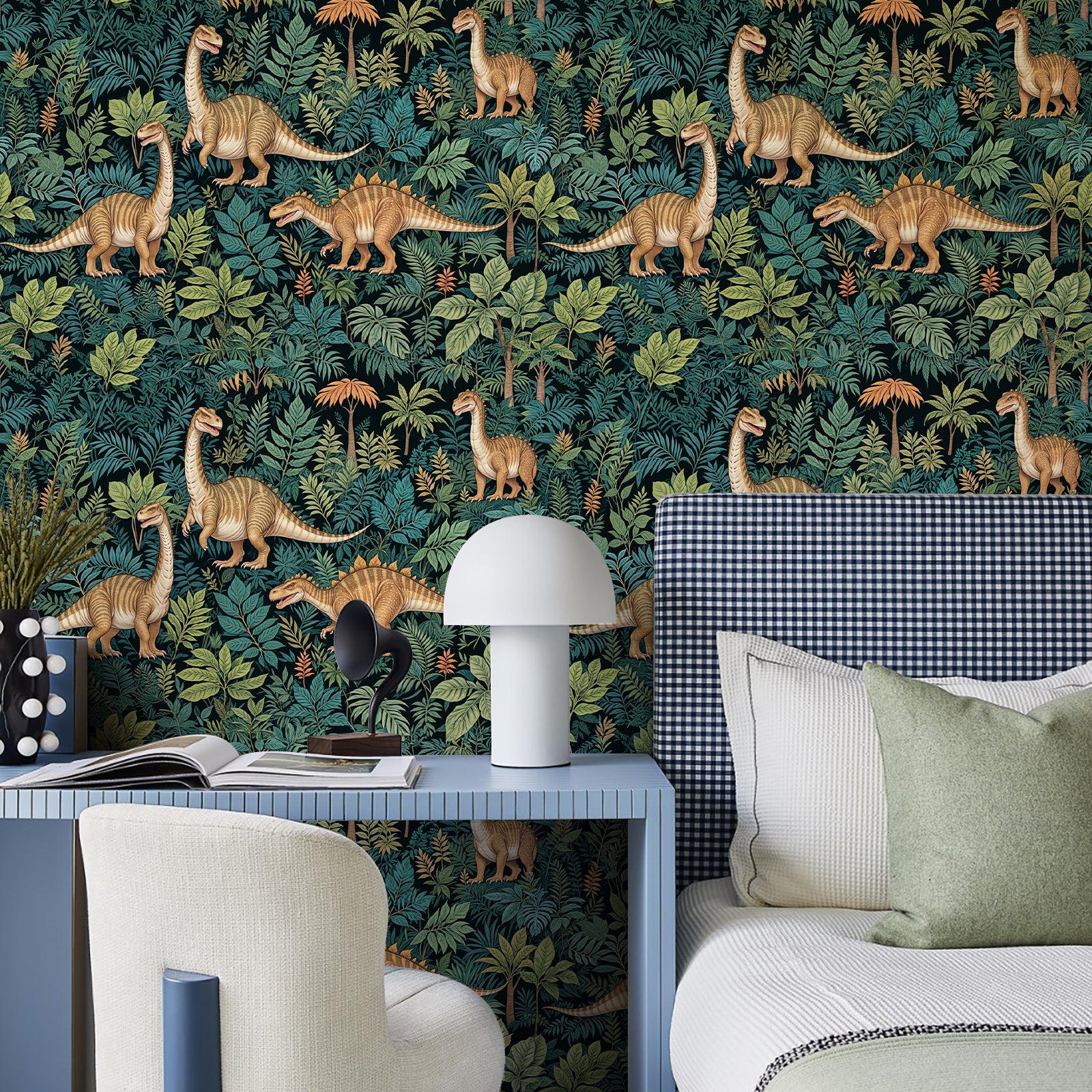 HaokHome Wallpaper Peel and Stick Dinosaur Jungle Foliage Wall Decor Removable Mural