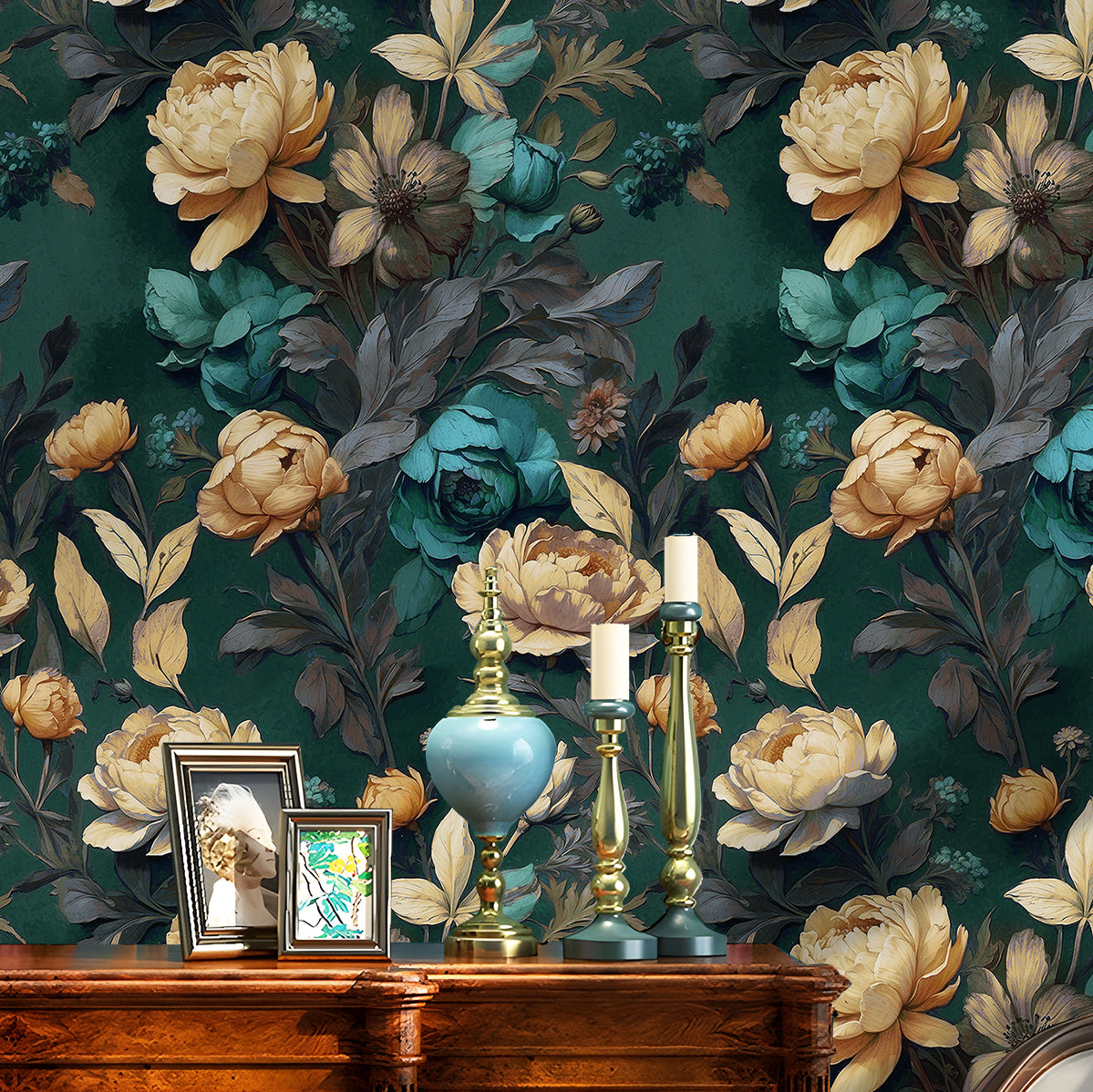 HaokHome vintage Floral Wallpaper Golden Peonies Teal Roses on Deep Green for Classic Elegant Interiors