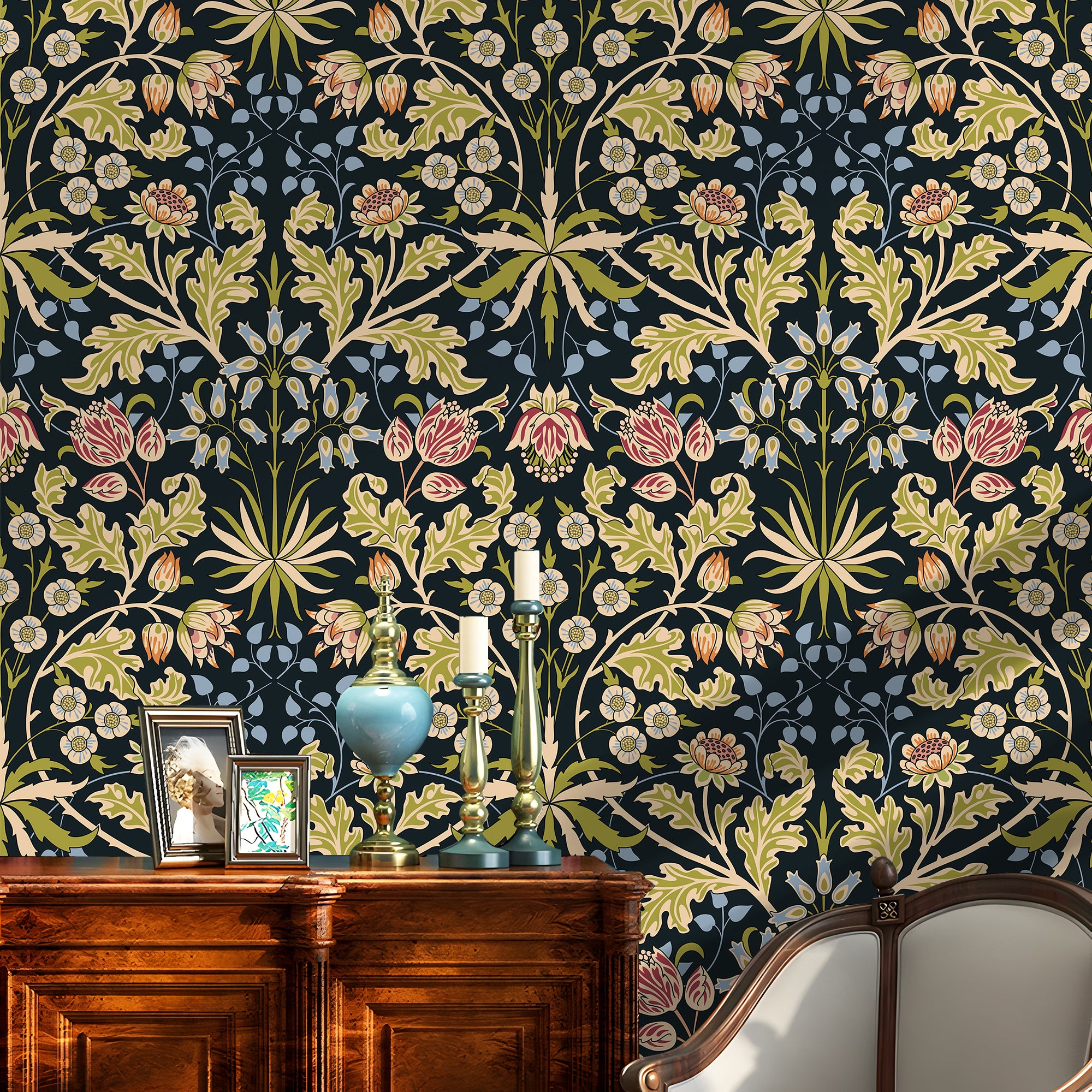 HaokHome Peel and Stick Wallpaper – Vintage Arts & Crafts Floral Pattern Removable Self Adhesive Wallpaper for Living Room or Bedroom