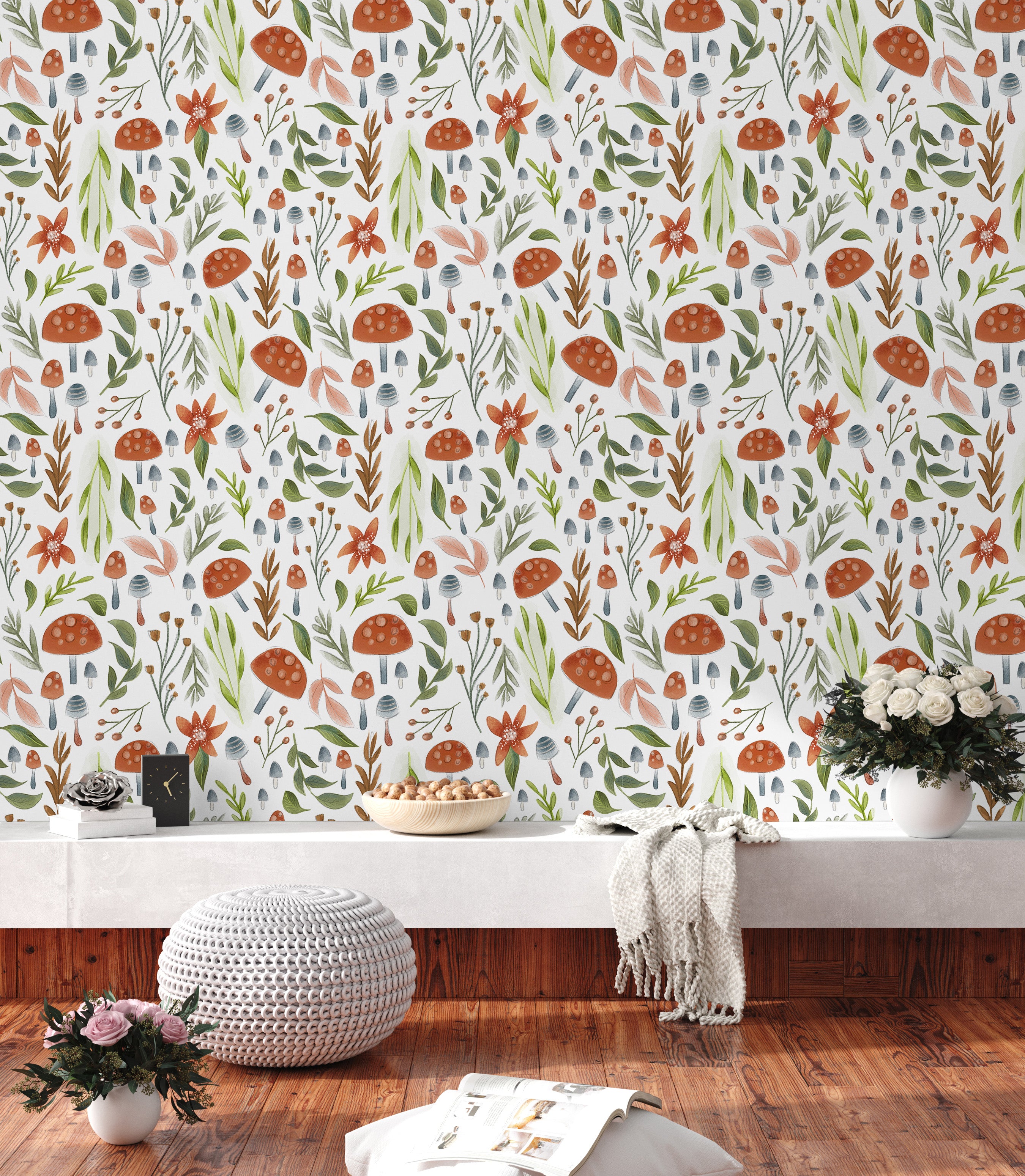 watercolor mushroom peel and stick wallpaper、whimsical forest botanical wallpaper、nursery mushroom removable wallpaper、boho woodland peel and stick wallpaper