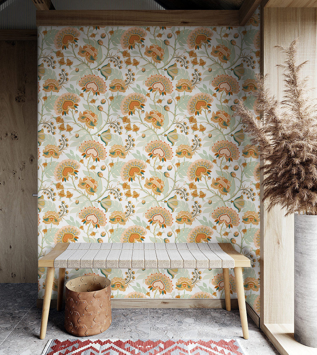 HaokHome Boho Wallpaper Vintage Chomper Flower Peel and Stick Wall Paper for Home Decor Countertops Cabinets