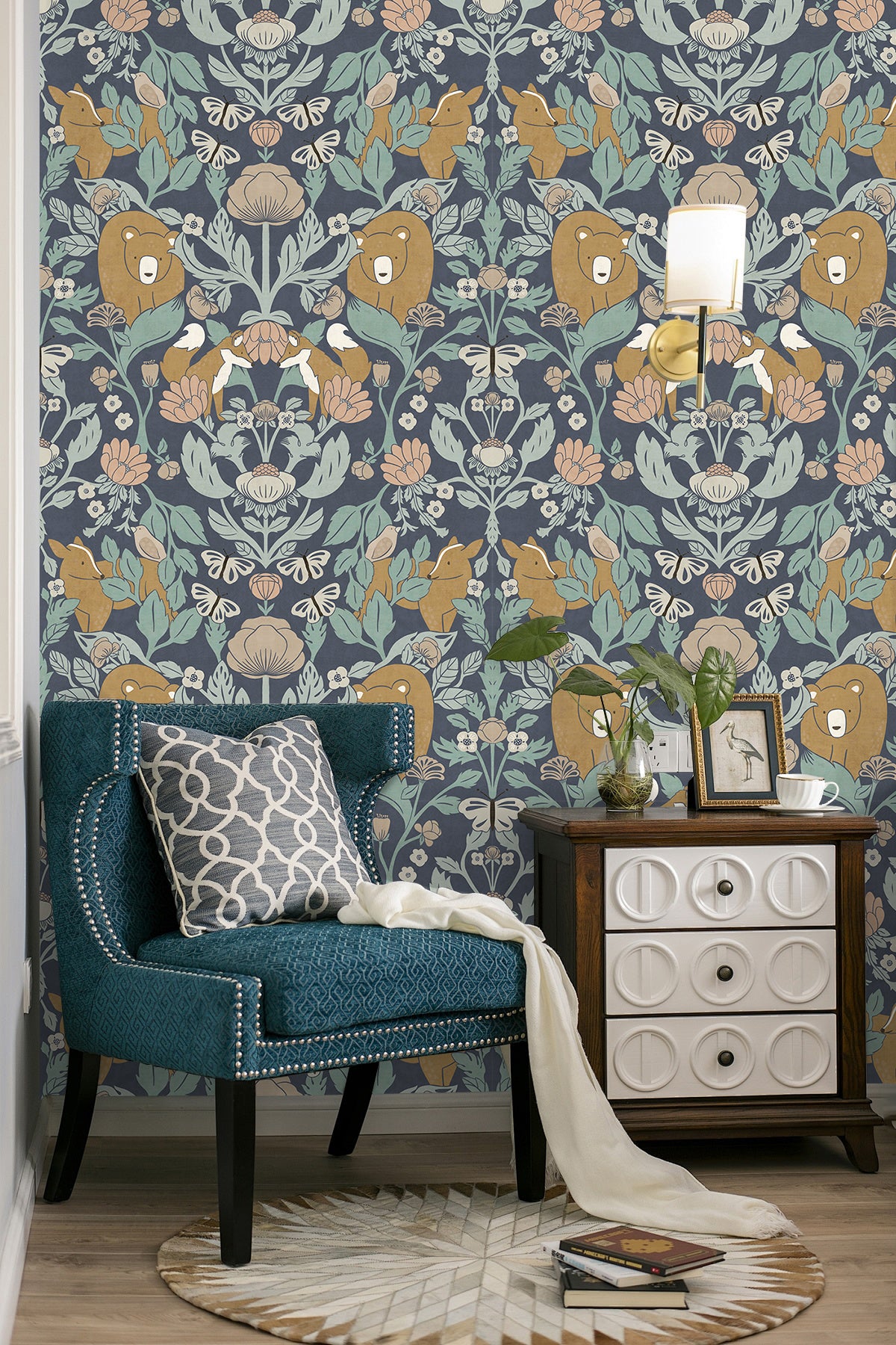 HaokHome Whimsical Woodland Wallpaper – Bears, Foxes & Butterflies in Soft Pastel Floral Design for Nursery & Living Rooms