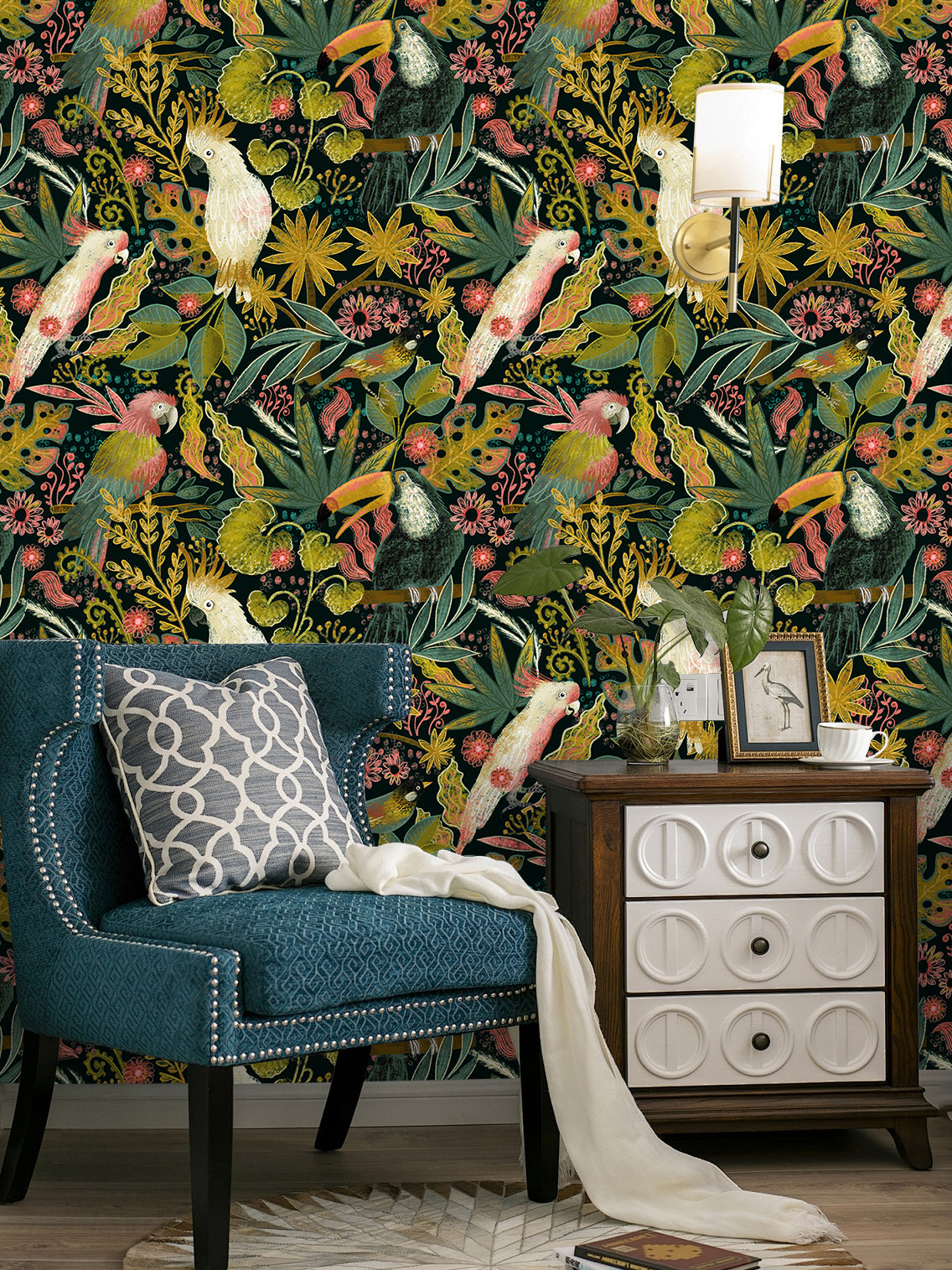 HaokHome Tropical Birds and Flowers Wallpaper – Colorful Cockatoos, Toucans, and Blooms on Dark Green Background