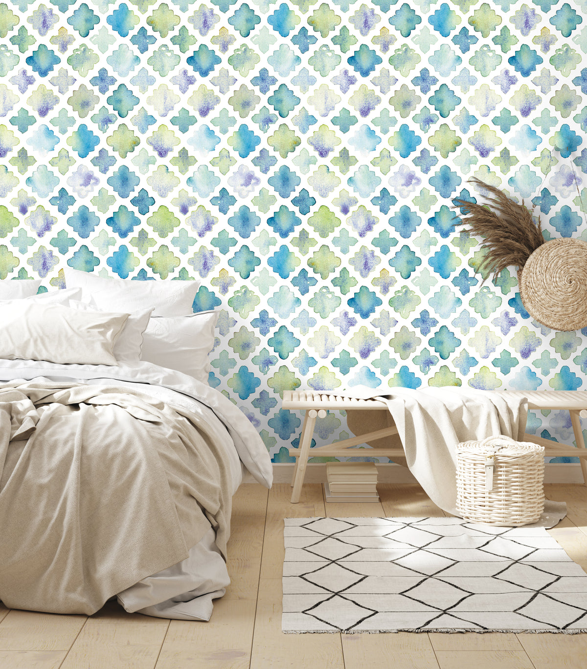 HaokHome Geometric Peel and Stick Wallpaper Tiles Blue Green White Watercolor Trellies Murals Wall Paper