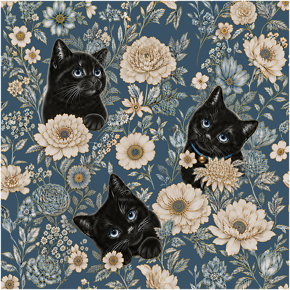 HaokHome Black Cat Vintage Floral Removable Self-Adhesive Wall Covering, Navy Blue Botanical Wallpaper
