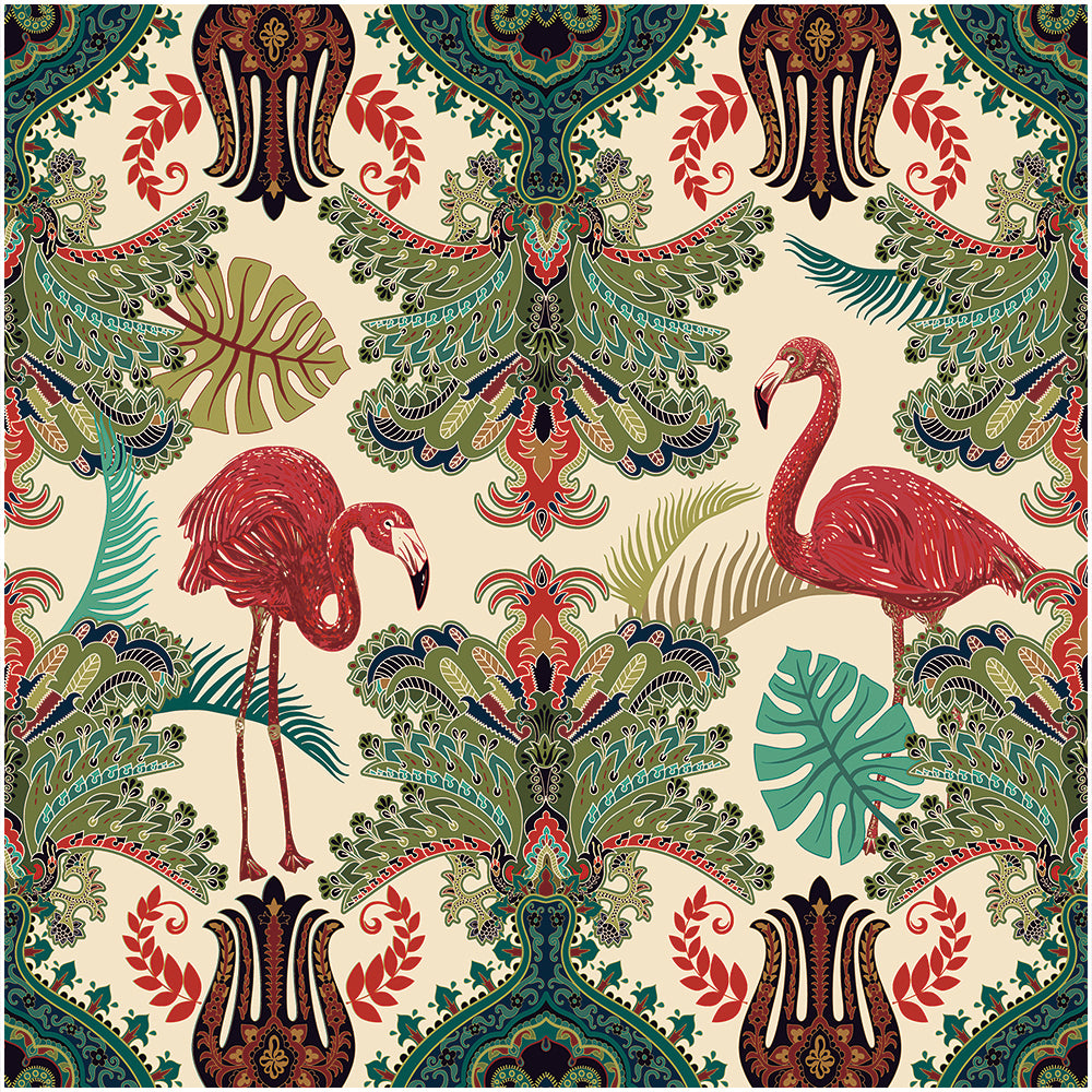 HaokHome Peel and Stick Wallpaper Boho Tropical Flamingo and Leaf Pattern Vintage Baroque Wall Mural Removable Vinyl Self Adhesive Wallpaper for Living Room Bedroom Accent Wall