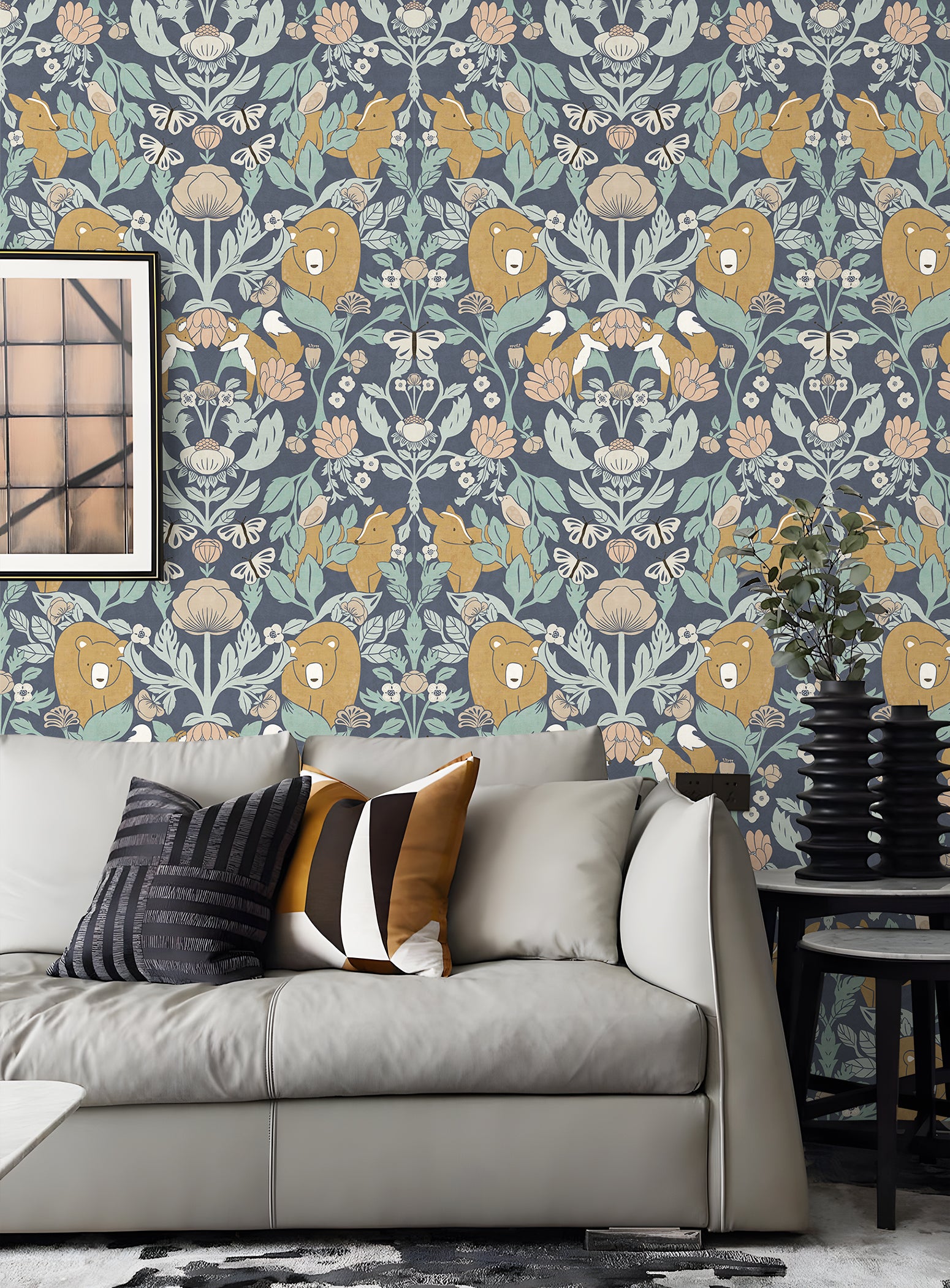 HaokHome Whimsical Woodland Wallpaper – Bears, Foxes & Butterflies in Soft Pastel Floral Design for Nursery & Living Rooms