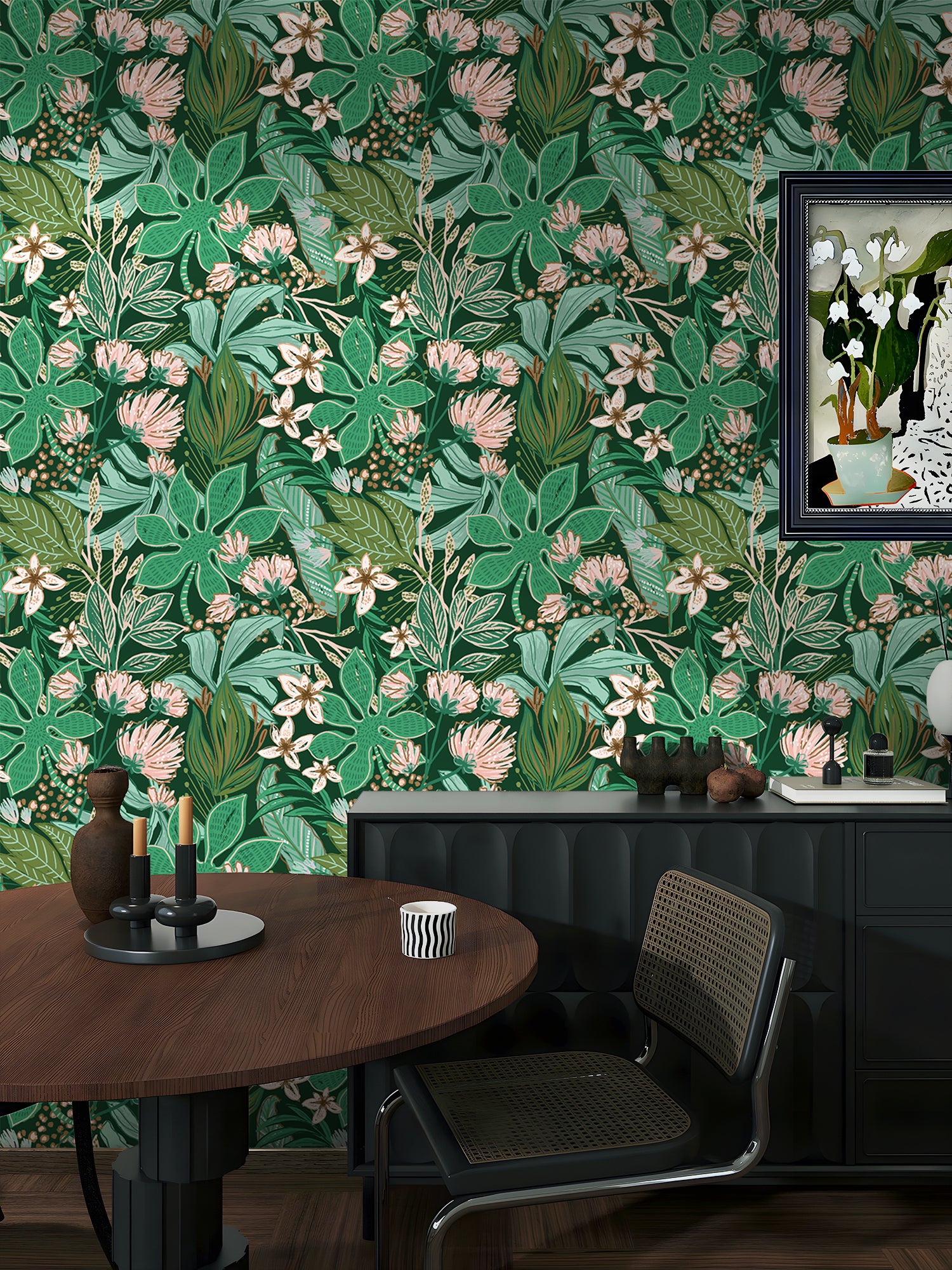 HaokHome Dark Green Floral Wallpaper – Lush Green Leaves and Soft Pink Flowers for Living Room & Bedroom