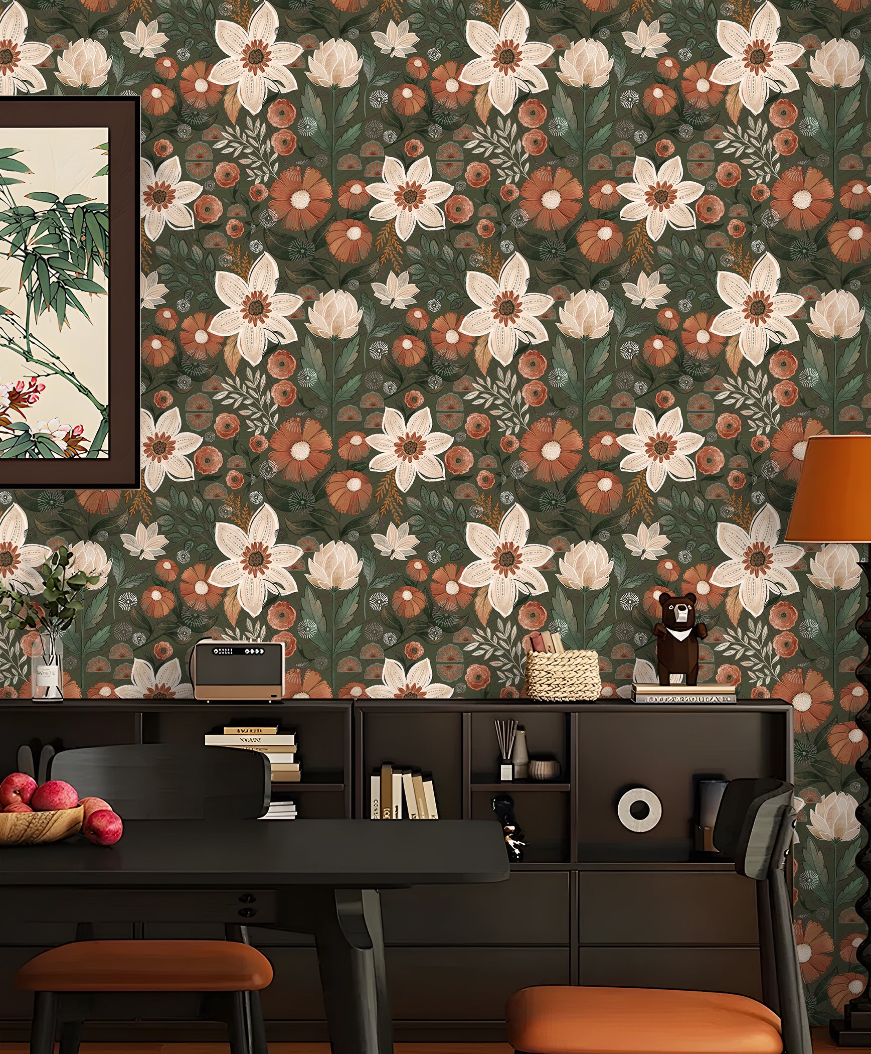 HaokHome Wallpaper Peel and Stick Vintage Floral Olive Green/Beige/Brown Botanical Wall Decor Removable Mural