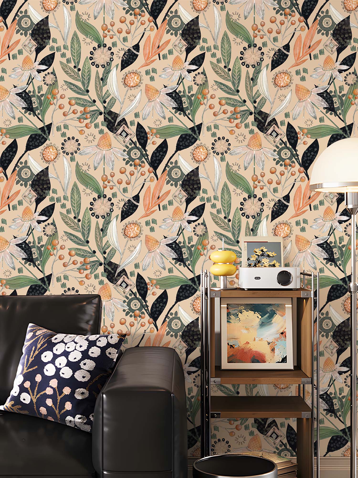 HaokHome Wallpaper Peel and Stick Botanical Floral Beige/Green/Orange Retro Wall Decor Removable Mural for Bedroom & Living Room