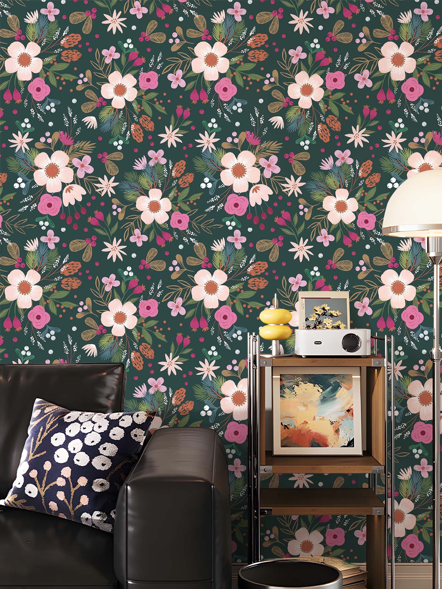 HaokHome Wallpaper Peel and Stick Floral Botanical Green/Pink/White Romantic Wall Decor Removable Mural for Bedroom & Living Room