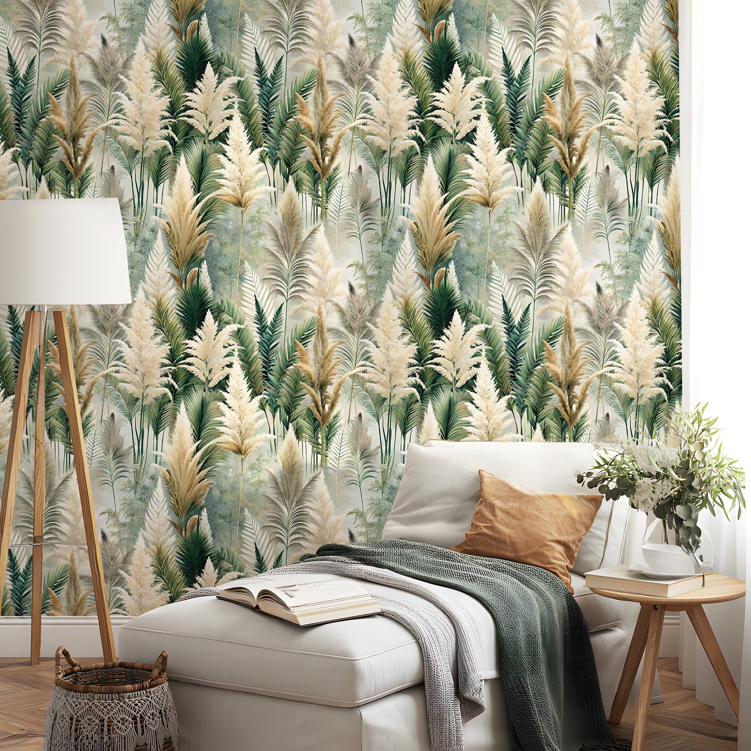 HaokHome Elegant Tropical Plants and Reed Wallpaper Natural Artistic Home Decor