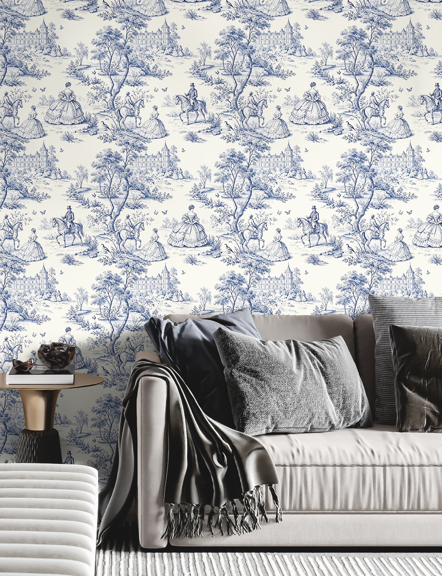 HaokHome Classic Toile de Jouy Peel and Stick Wallpaper, Blue & White French Countryside Scenic Removable Self Adhesive Wallpaper