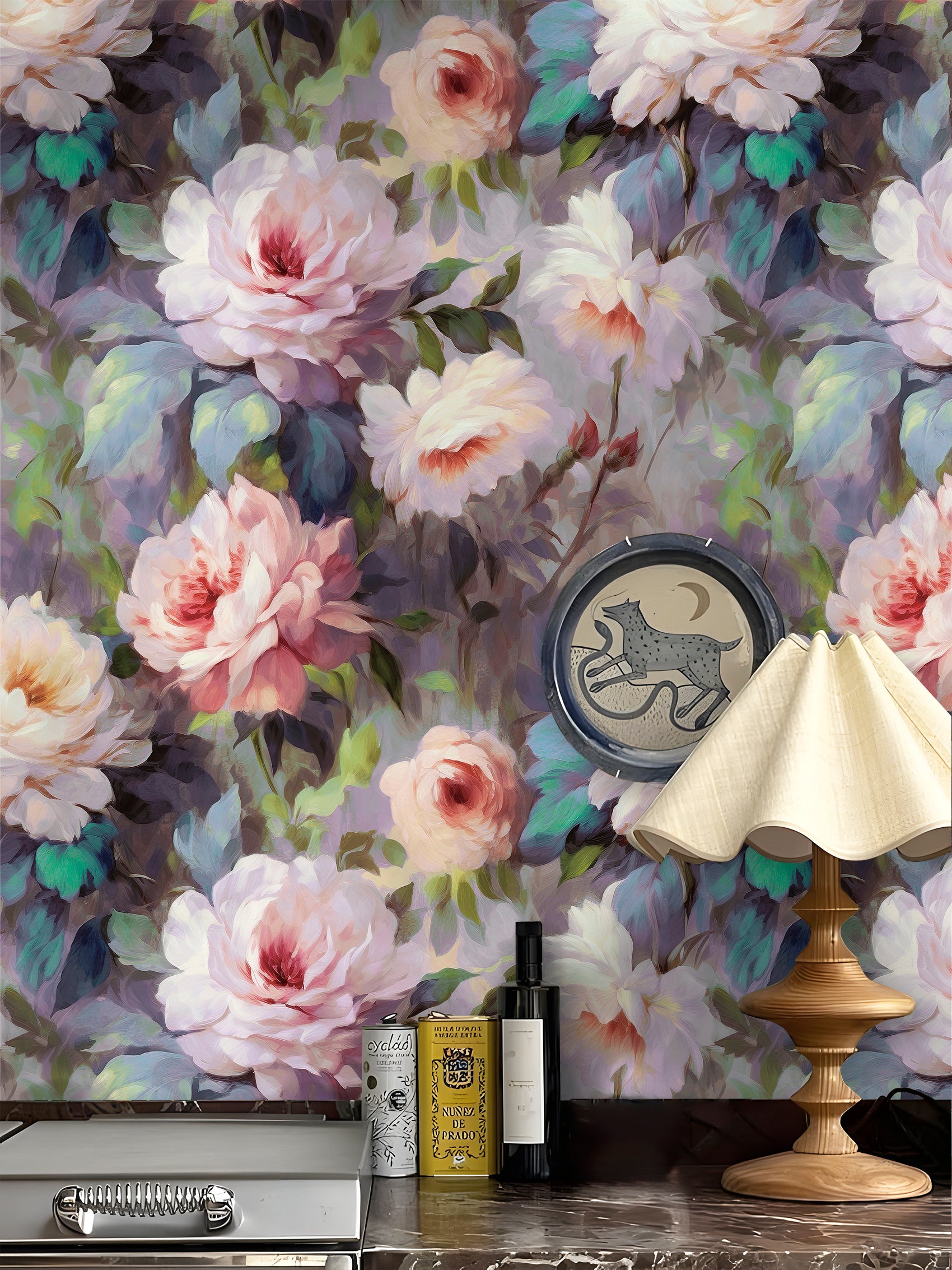 HaokHome Peel and Stick Wallpaper Vintage Oil Painting Peony Floral Style, Soft Pastel Muted Tone Removable Self Adhesive Wallpaper for Bedroom & Living Room