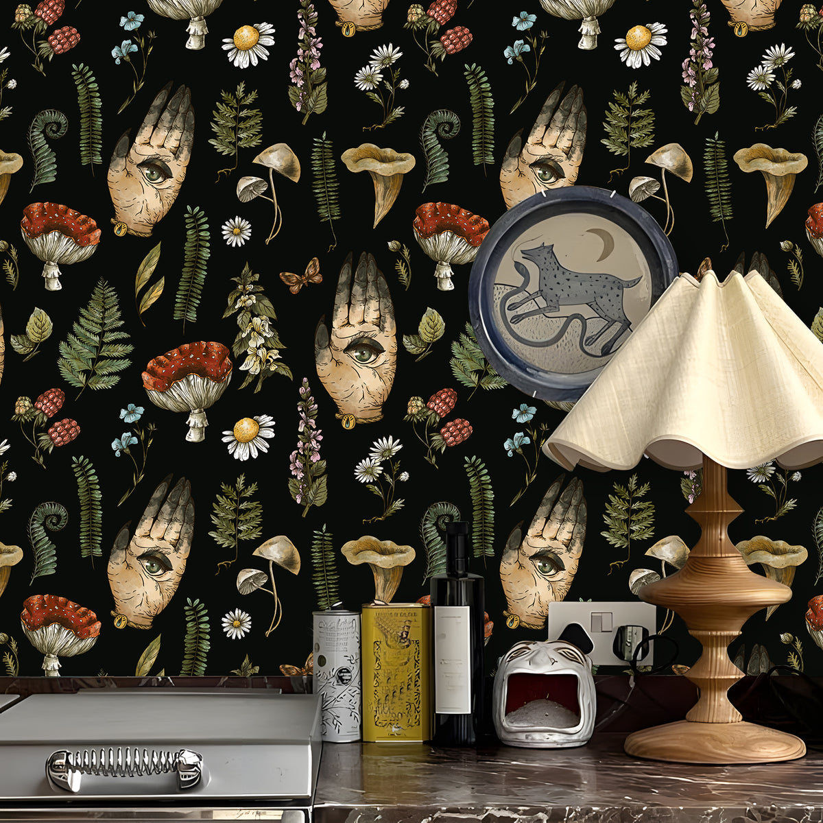 HaokHome Peel and Stick Wallpaper Mystic Vintage Hand Eye Botanical Mushroom Wall Mural Removable Self Adhesive Black Wallpaper for Home Decor