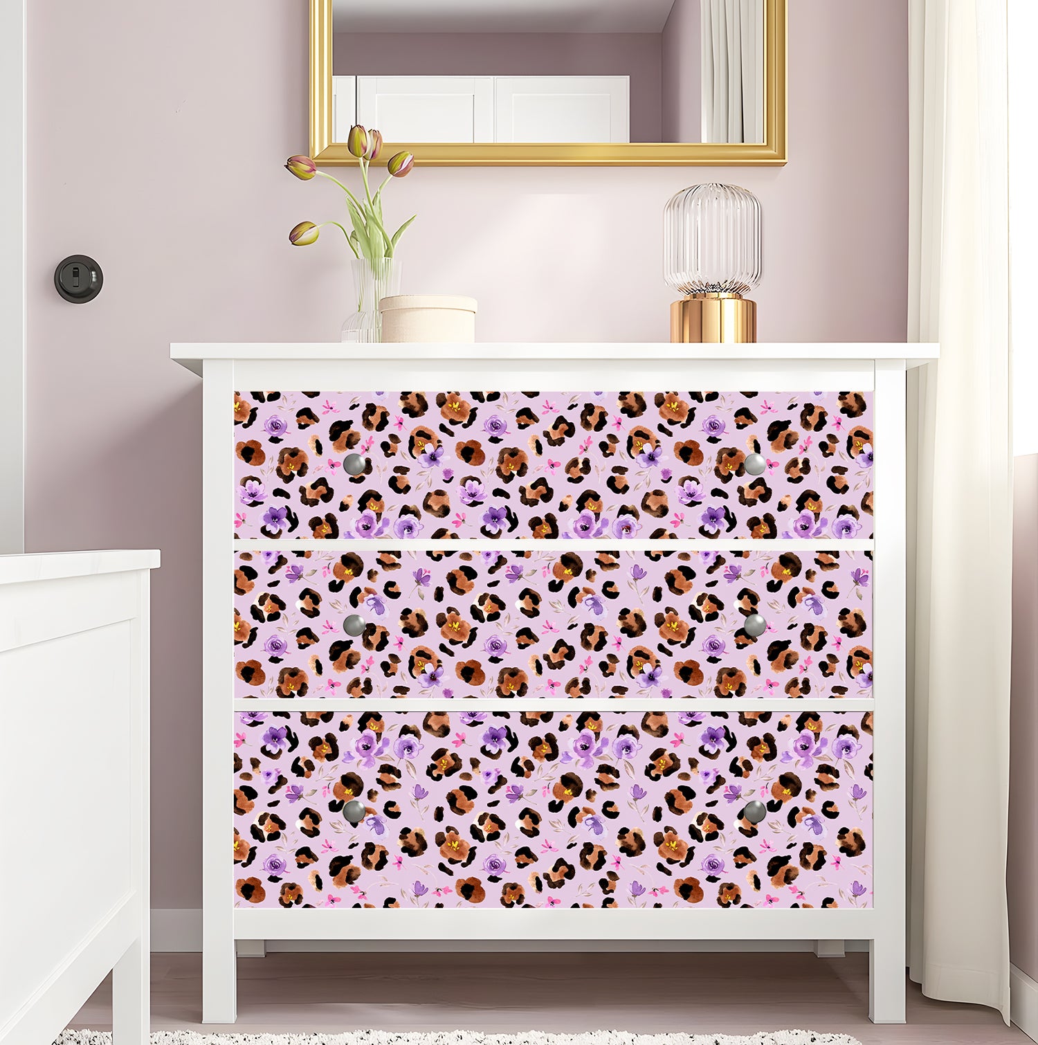 HaokHome Watercolor Leopard Floral Peel and Stick Wallpaper – Purple Flowers on Lavender Purple Background