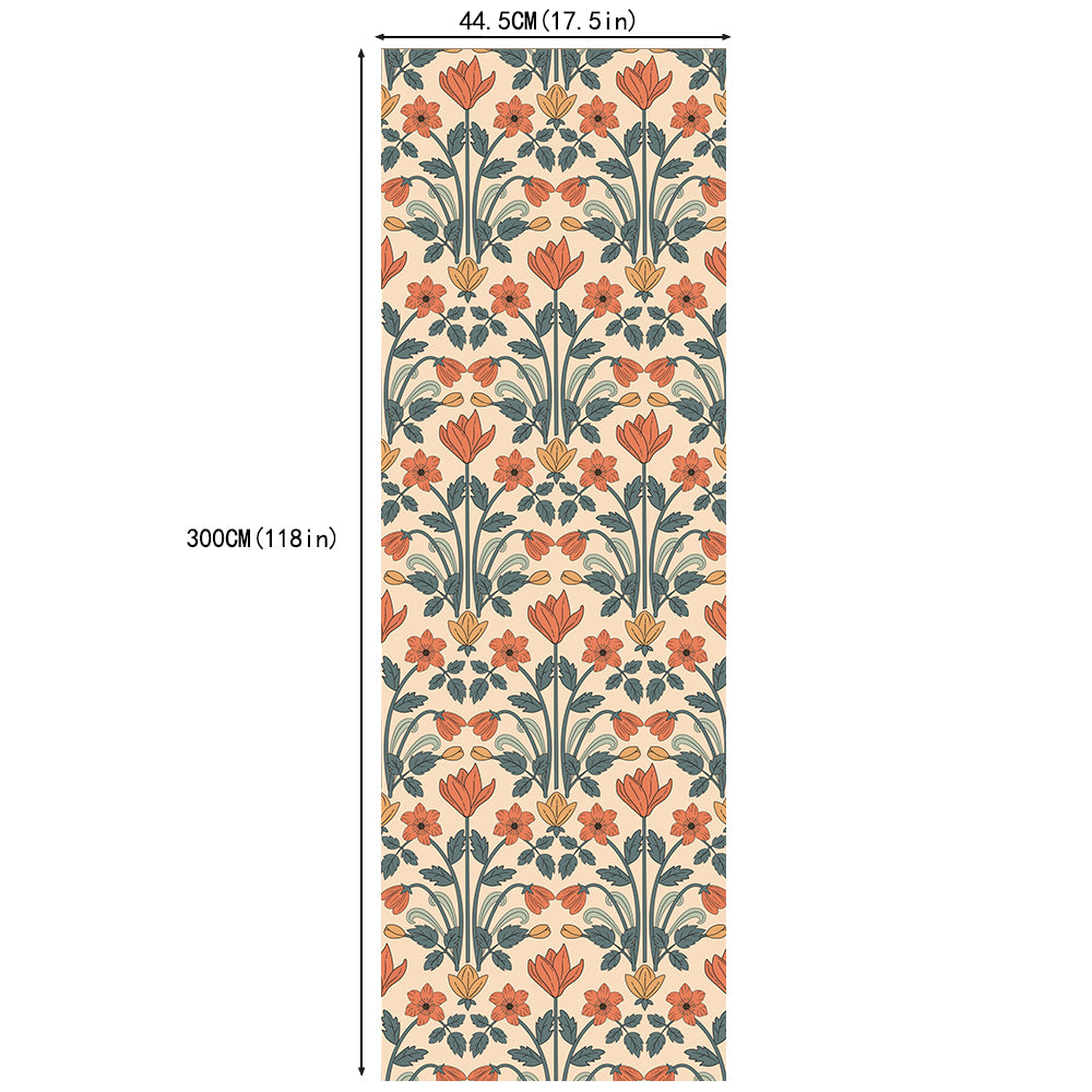 Warm Peach Art Nouveau Symmetric Tulip Peel and Stick Floral Wallpaper