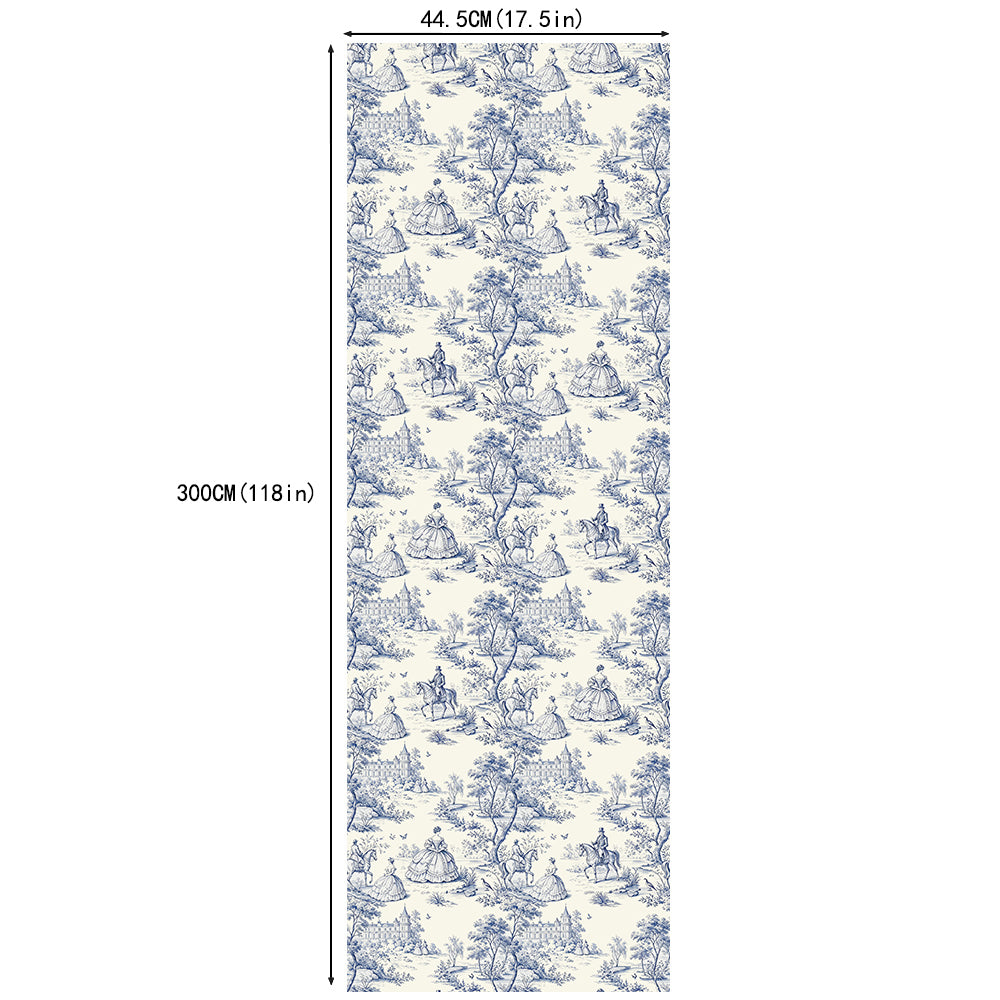 HaokHome Classic Toile de Jouy Peel and Stick Wallpaper, Blue & White French Countryside Scenic Removable Self Adhesive Wallpaper