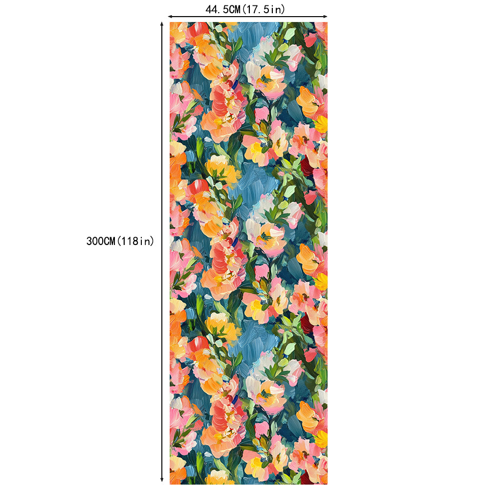 HaokHome Vibrant Abstract Floral Wallpaper Bold Brushstroke Flowers in Pink, Orange, and Yellow on Blue Background