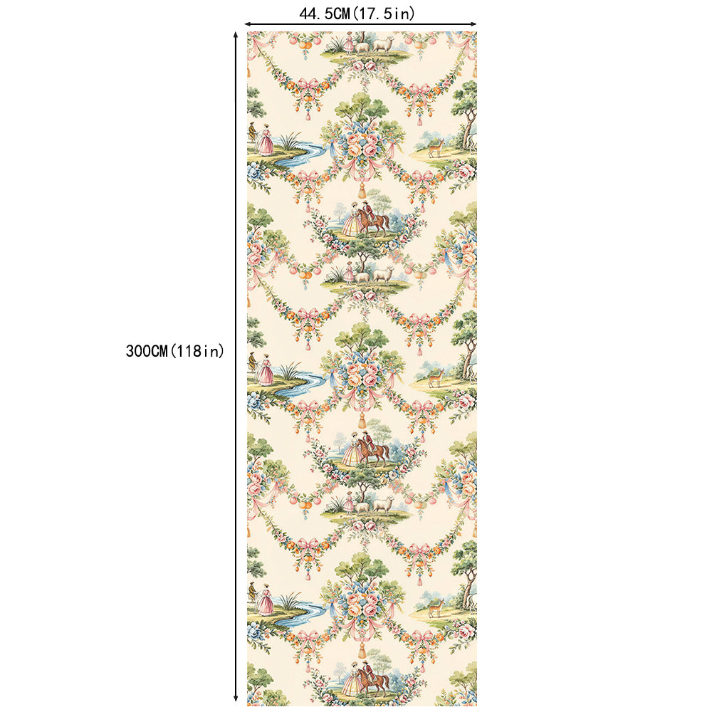 HaokHome Vintage French Pastoral Peel and Stick Wallpaper, Elegant Floral & Equestrian Scenic Removable Self Adhesive Wallpaper, Soft Muted Tone
