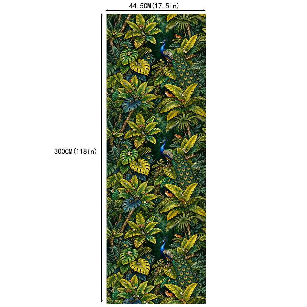 HaokHome Peel and Stick Wallpaper Tropical Jungle Peacock Removable Wall Decor with Lush Botanical & Fox Pattern for Exotic Nature Room